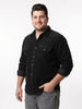 Plus Men's Black Corduroy Full Sleeve Regular Fit Solid Overshirt with Utility Pockets