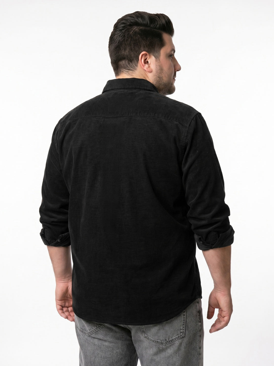Plus Men's Black Corduroy Full Sleeve Regular Fit Solid Overshirt with Utility Pockets