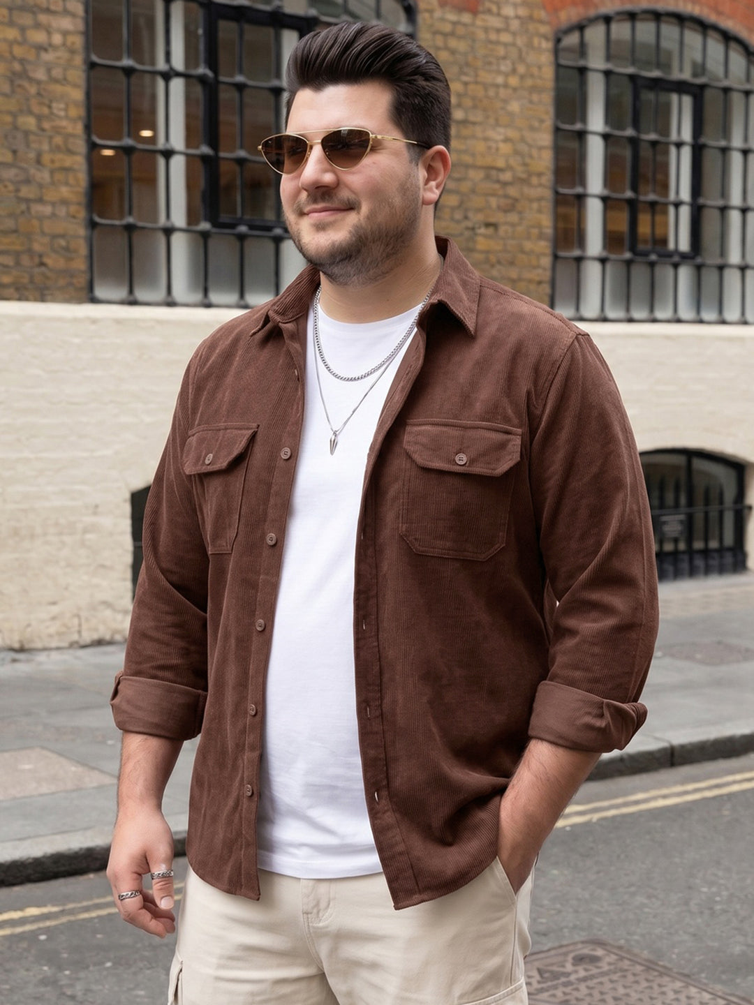 Plus Men's Brown Corduroy Full Sleeve Regular Fit Solid Overshirt with Utility Pockets