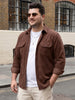 Plus Men's Brown Corduroy Full Sleeve Regular Fit Solid Overshirt with Utility Pockets