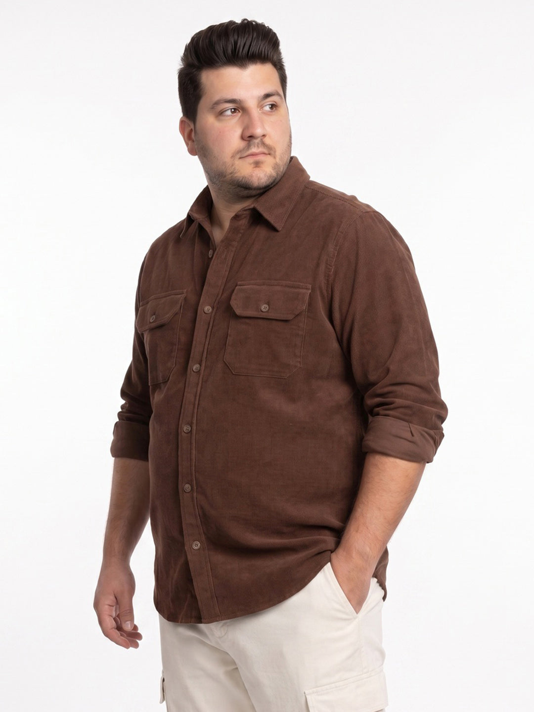 Plus Men's Brown Corduroy Full Sleeve Regular Fit Solid Overshirt with Utility Pockets