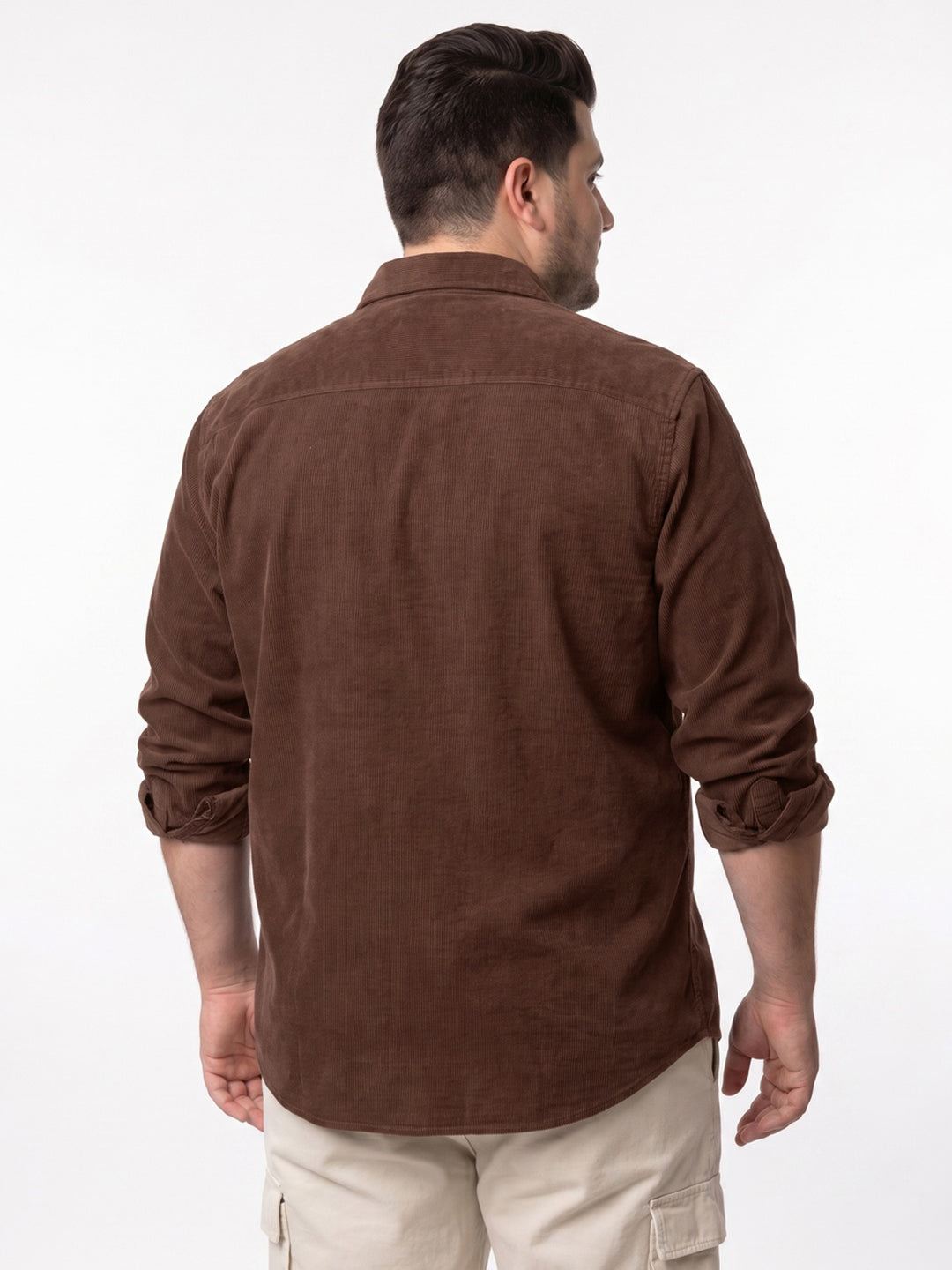 Plus Men's Brown Corduroy Full Sleeve Regular Fit Solid Overshirt with Utility Pockets