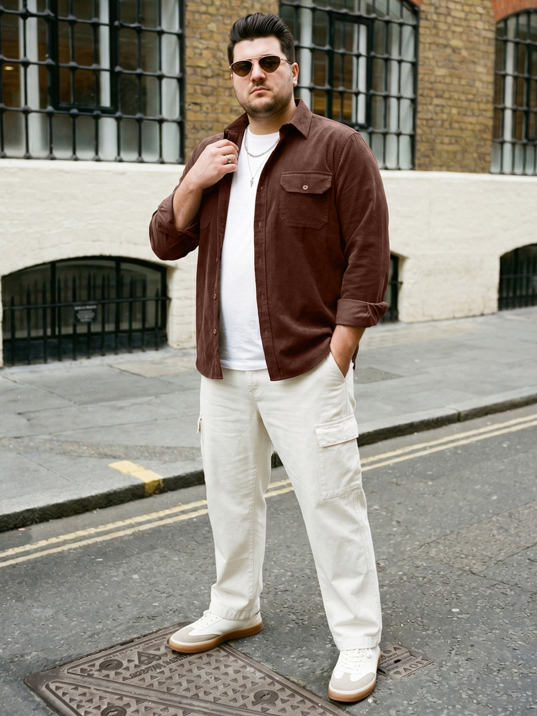 Plus Men's Brown Corduroy Full Sleeve Regular Fit Solid Overshirt with Utility Pockets