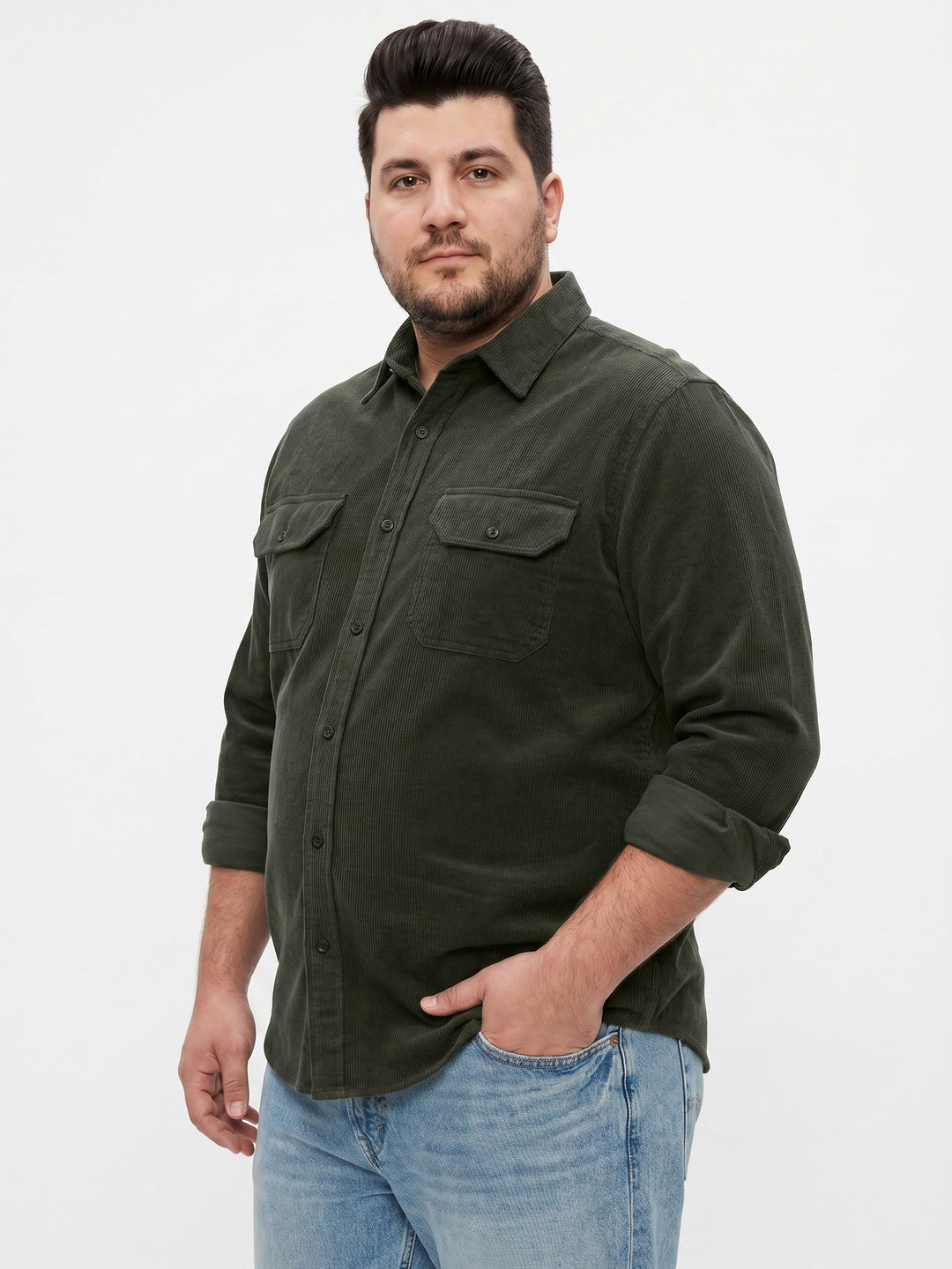 Plus Men's Dark Olive Corduroy Full Sleeve Regular Fit Solid Overshirt with Utility Pockets