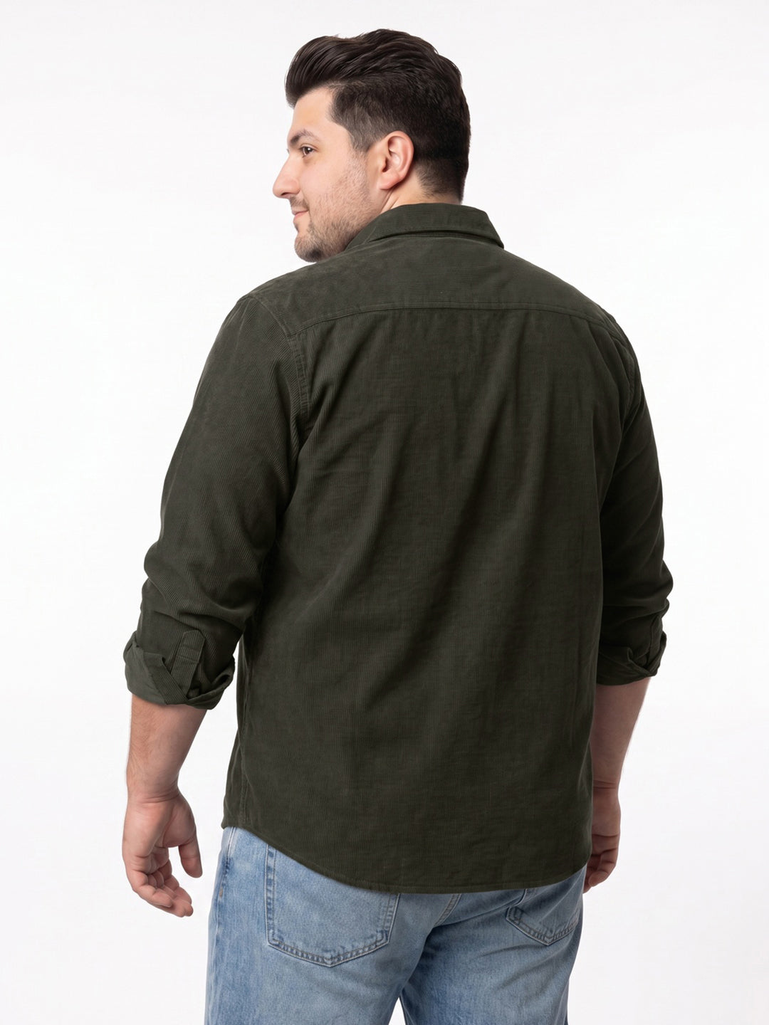 Plus Men's Dark Olive Corduroy Full Sleeve Regular Fit Solid Overshirt with Utility Pockets