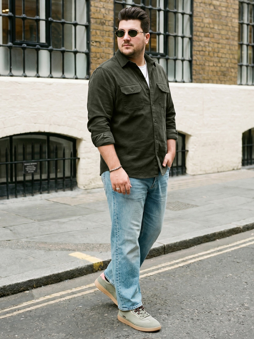 Plus Men's Dark Olive Corduroy Full Sleeve Regular Fit Solid Overshirt with Utility Pockets