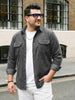 Plus Men's Grey Corduroy Full Sleeve Regular Fit Solid Overshirt with Utility Pockets