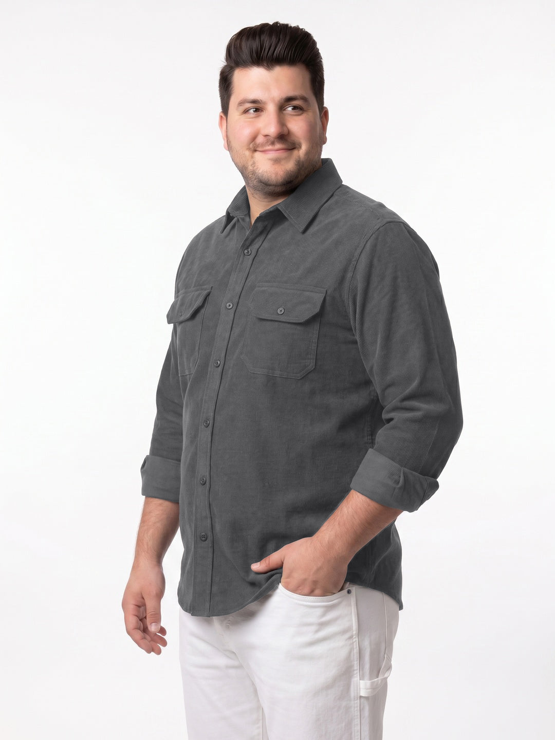Plus Men's Grey Corduroy Full Sleeve Regular Fit Solid Overshirt with Utility Pockets