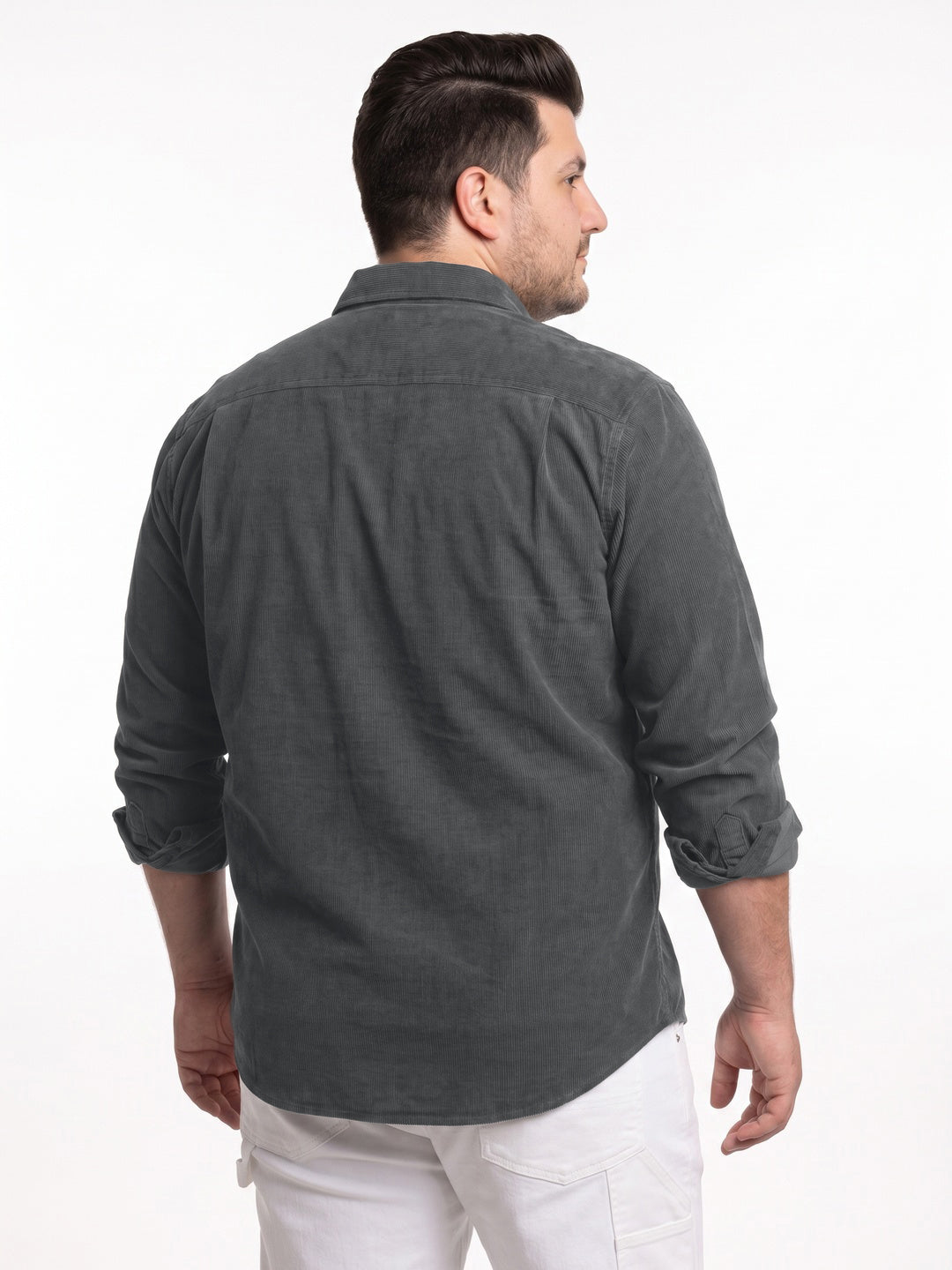 Plus Men's Grey Corduroy Full Sleeve Regular Fit Solid Overshirt with Utility Pockets