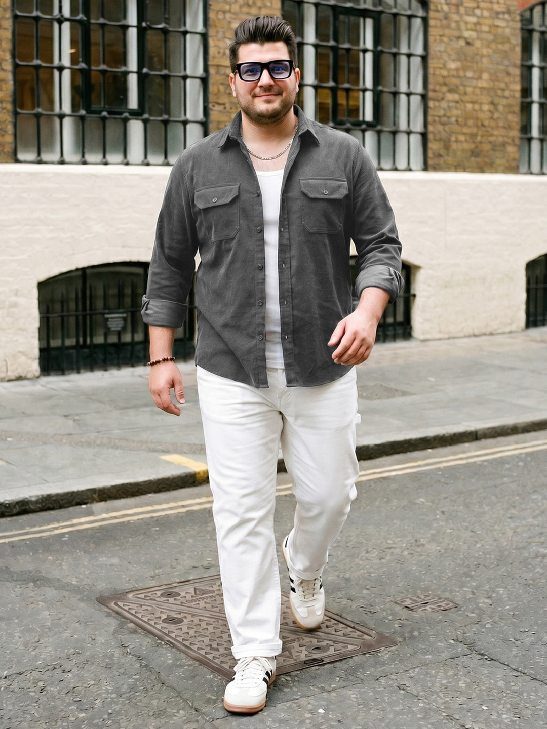 Plus Men's Grey Corduroy Full Sleeve Regular Fit Solid Overshirt with Utility Pockets