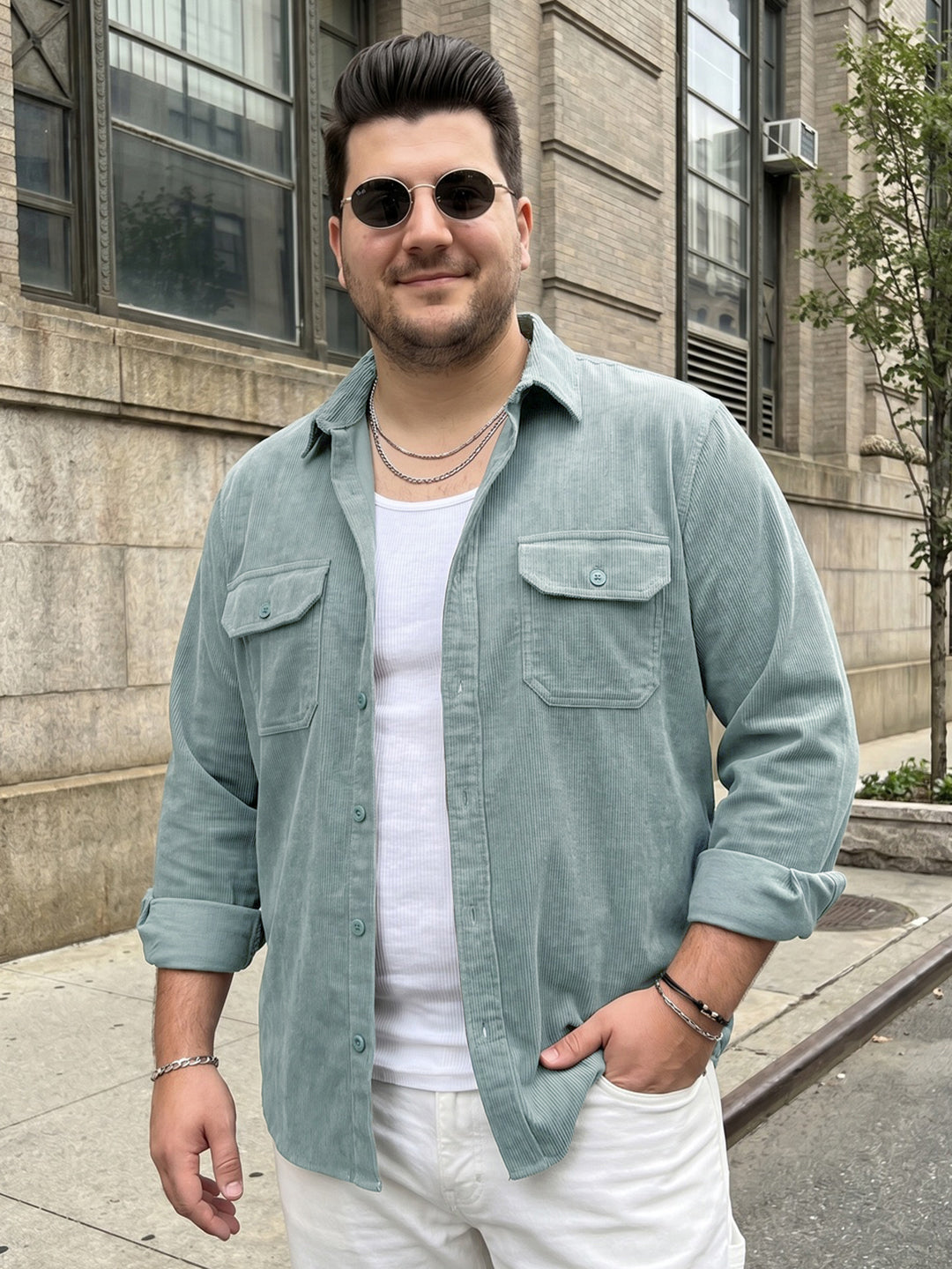 Plus Men's Light Blue Corduroy Full Sleeve Regular Fit Solid Overshirt with Utility Pockets