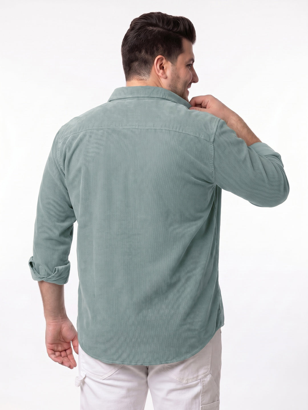Plus Men's Light Blue Corduroy Full Sleeve Regular Fit Solid Overshirt with Utility Pockets