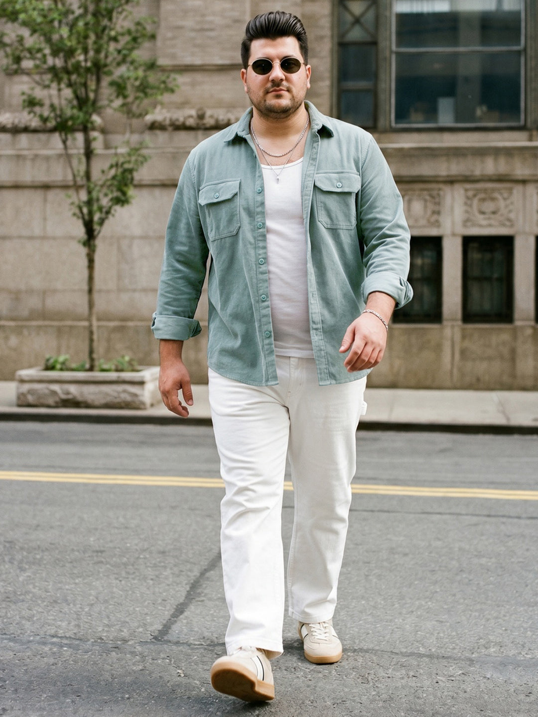 Plus Men's Light Blue Corduroy Full Sleeve Regular Fit Solid Overshirt with Utility Pockets