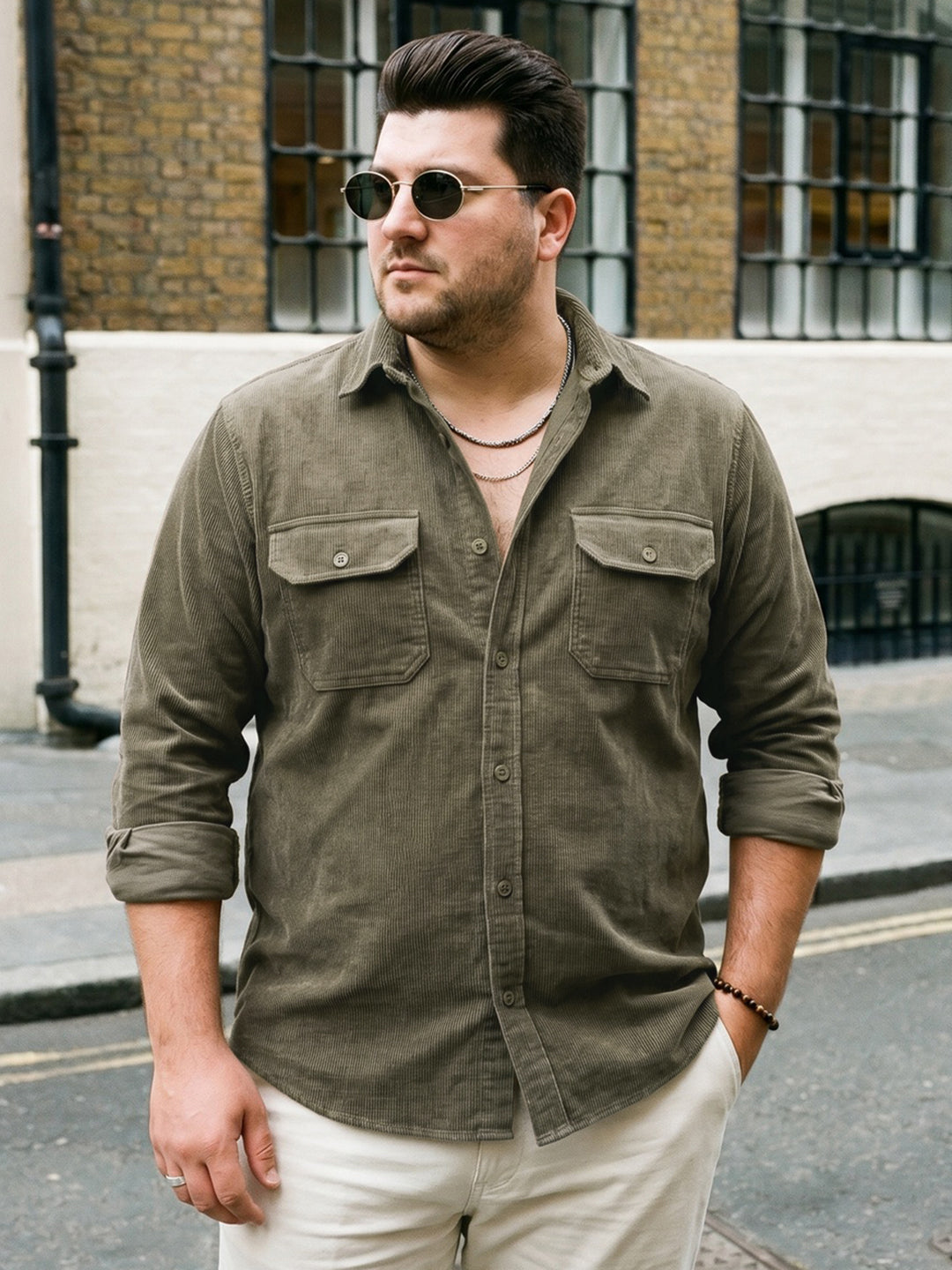 Plus Men's Light Olive Corduroy Full Sleeve Regular Fit Solid Overshirt with Utility Pockets