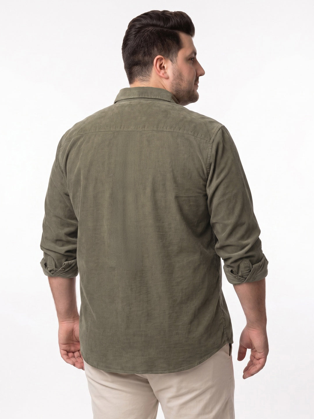 Plus Men's Light Olive Corduroy Full Sleeve Regular Fit Solid Overshirt with Utility Pockets