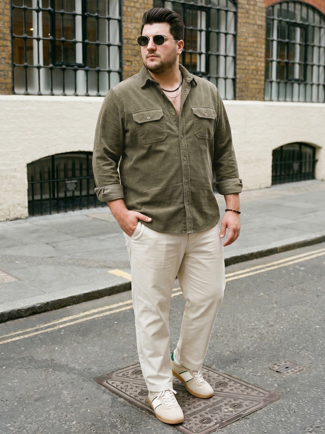 Plus Men's Light Olive Corduroy Full Sleeve Regular Fit Solid Overshirt with Utility Pockets