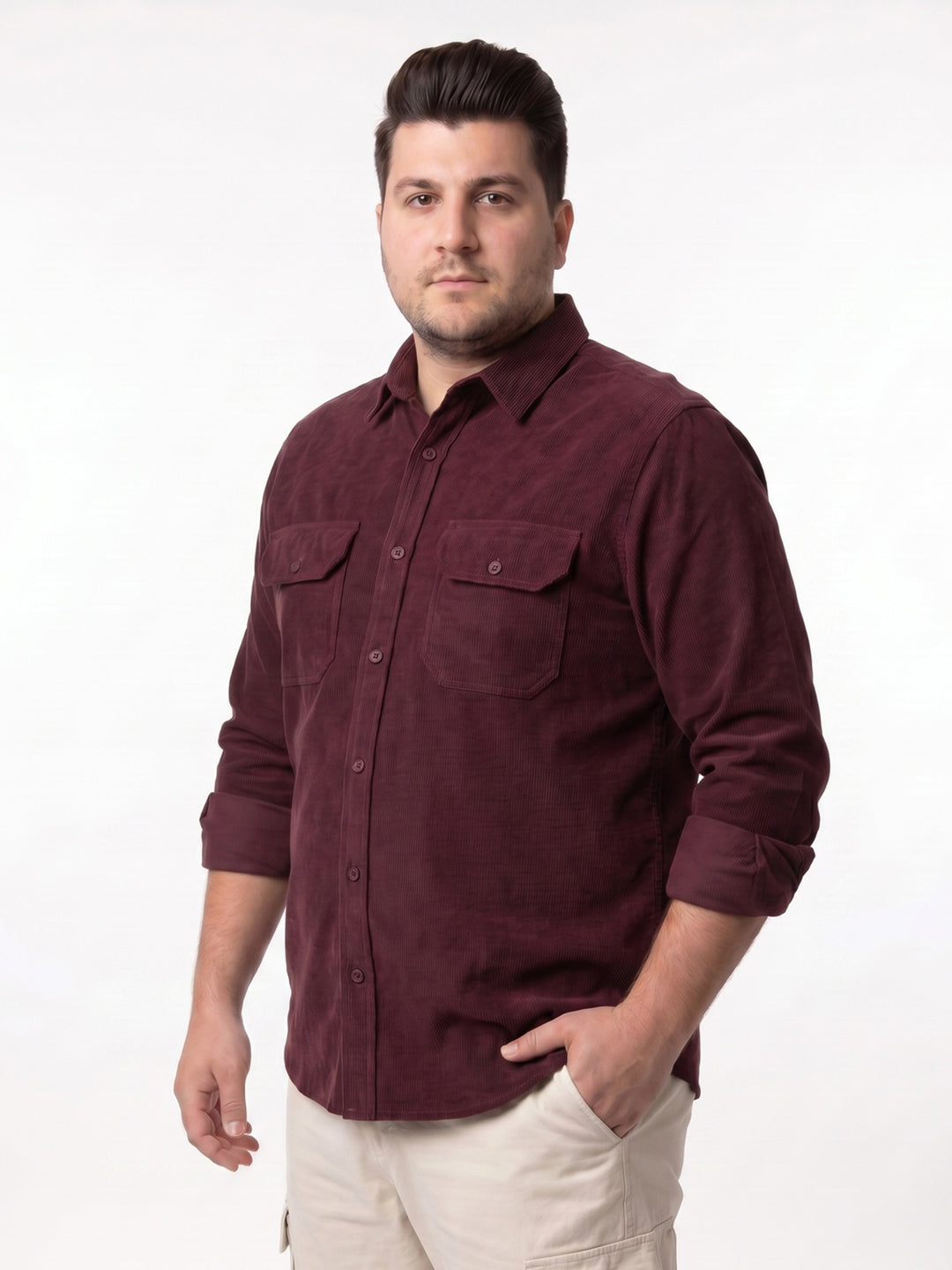 Plus Men's Maroon Corduroy Full Sleeve Regular Fit Solid Overshirt with Utility Pockets