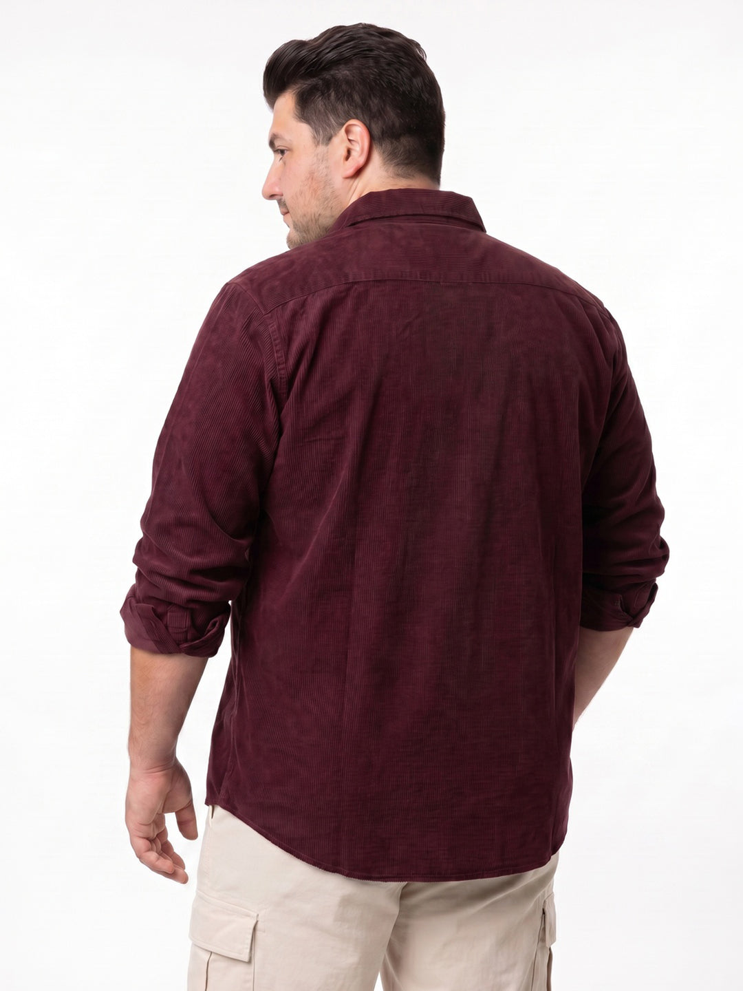 Plus Men's Maroon Corduroy Full Sleeve Regular Fit Solid Overshirt with Utility Pockets
