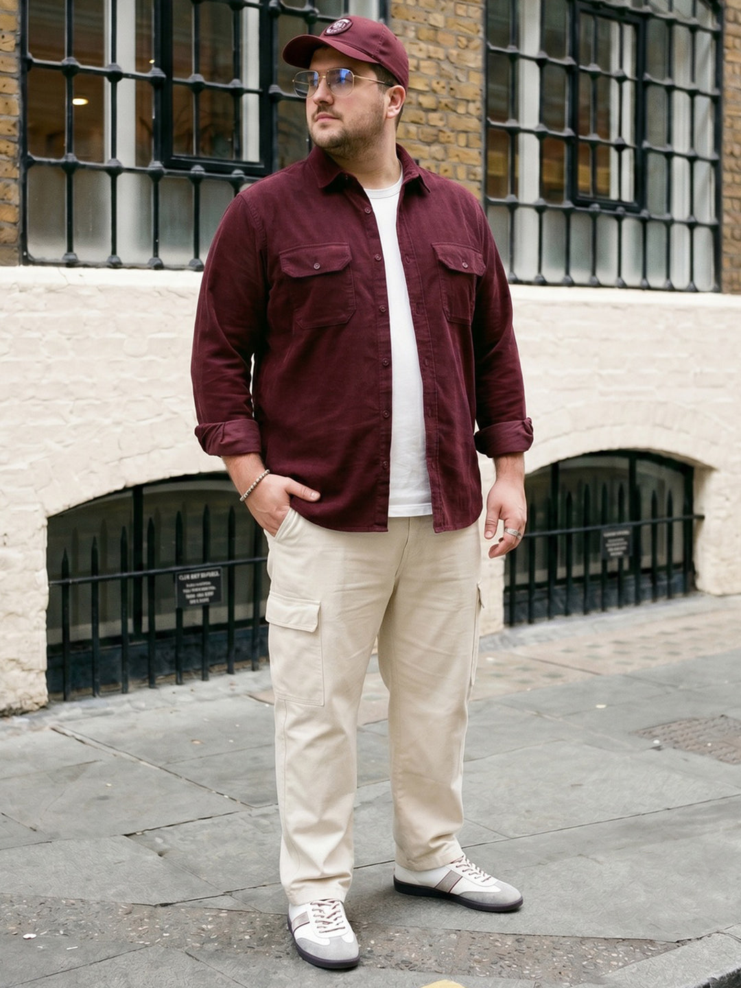 Plus Men's Maroon Corduroy Full Sleeve Regular Fit Solid Overshirt with Utility Pockets