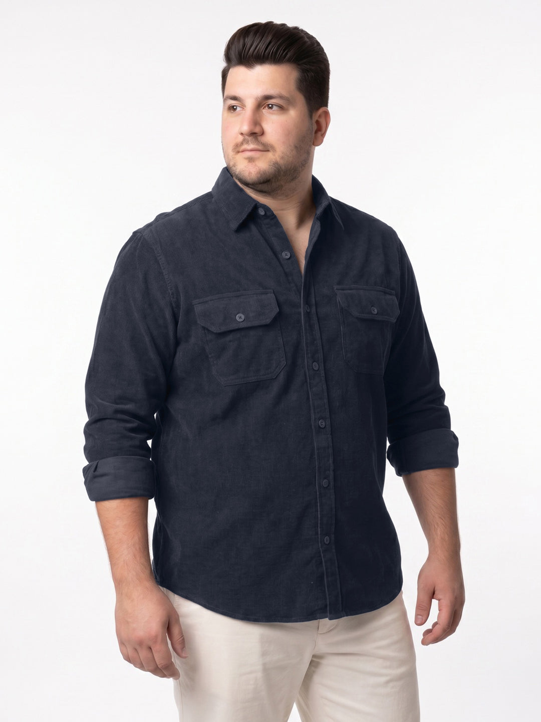 Plus Men's Navy Corduroy Full Sleeve Regular Fit Solid Overshirt with Utility Pockets