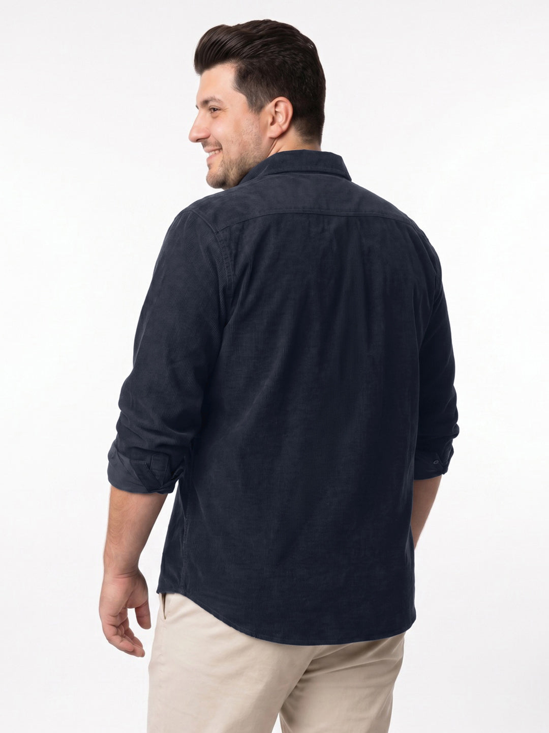 Plus Men's Navy Corduroy Full Sleeve Regular Fit Solid Overshirt with Utility Pockets