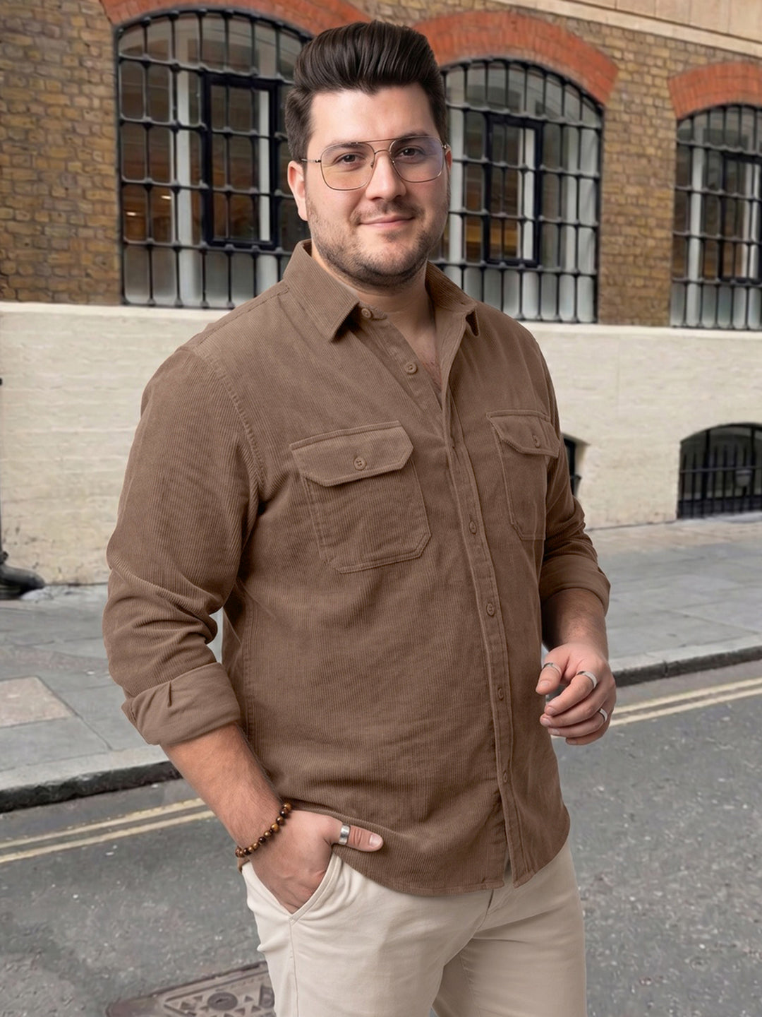Plus Men's Taupe Corduroy Full Sleeve Regular Fit Solid Overshirt with Utility Pockets