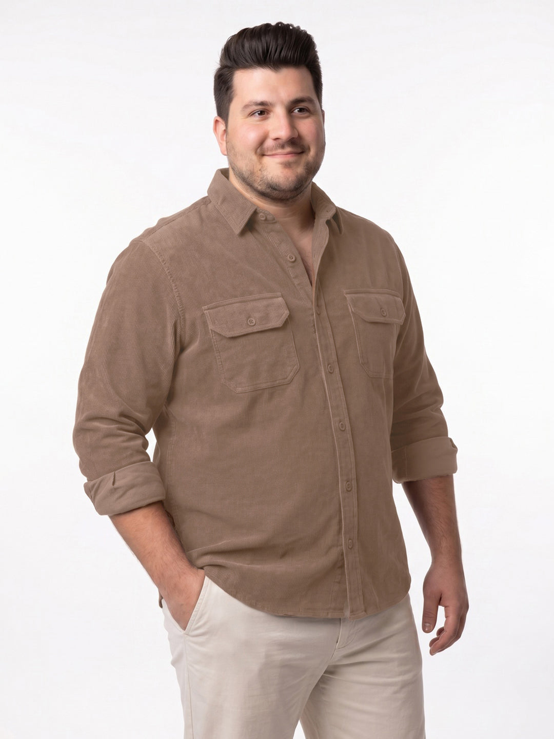 Plus Men's Taupe Corduroy Full Sleeve Regular Fit Solid Overshirt with Utility Pockets