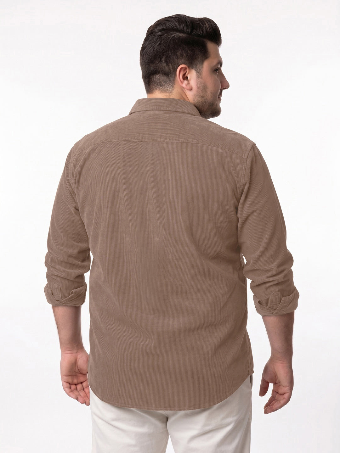 Plus Men's Taupe Corduroy Full Sleeve Regular Fit Solid Overshirt with Utility Pockets