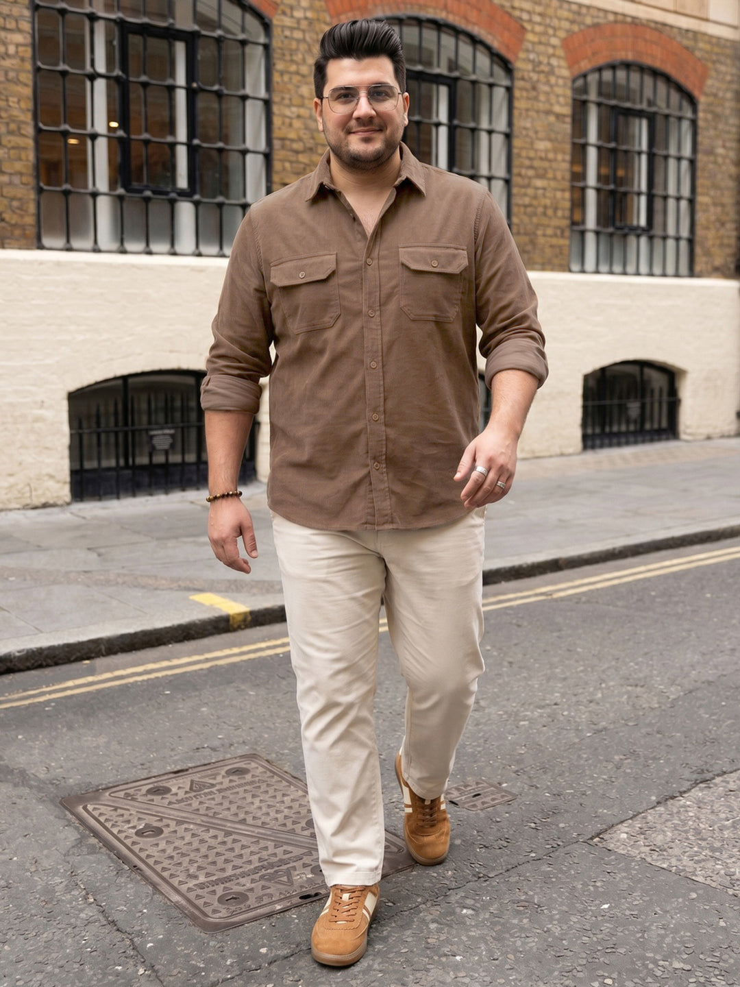 Plus Men's Taupe Corduroy Full Sleeve Regular Fit Solid Overshirt with Utility Pockets