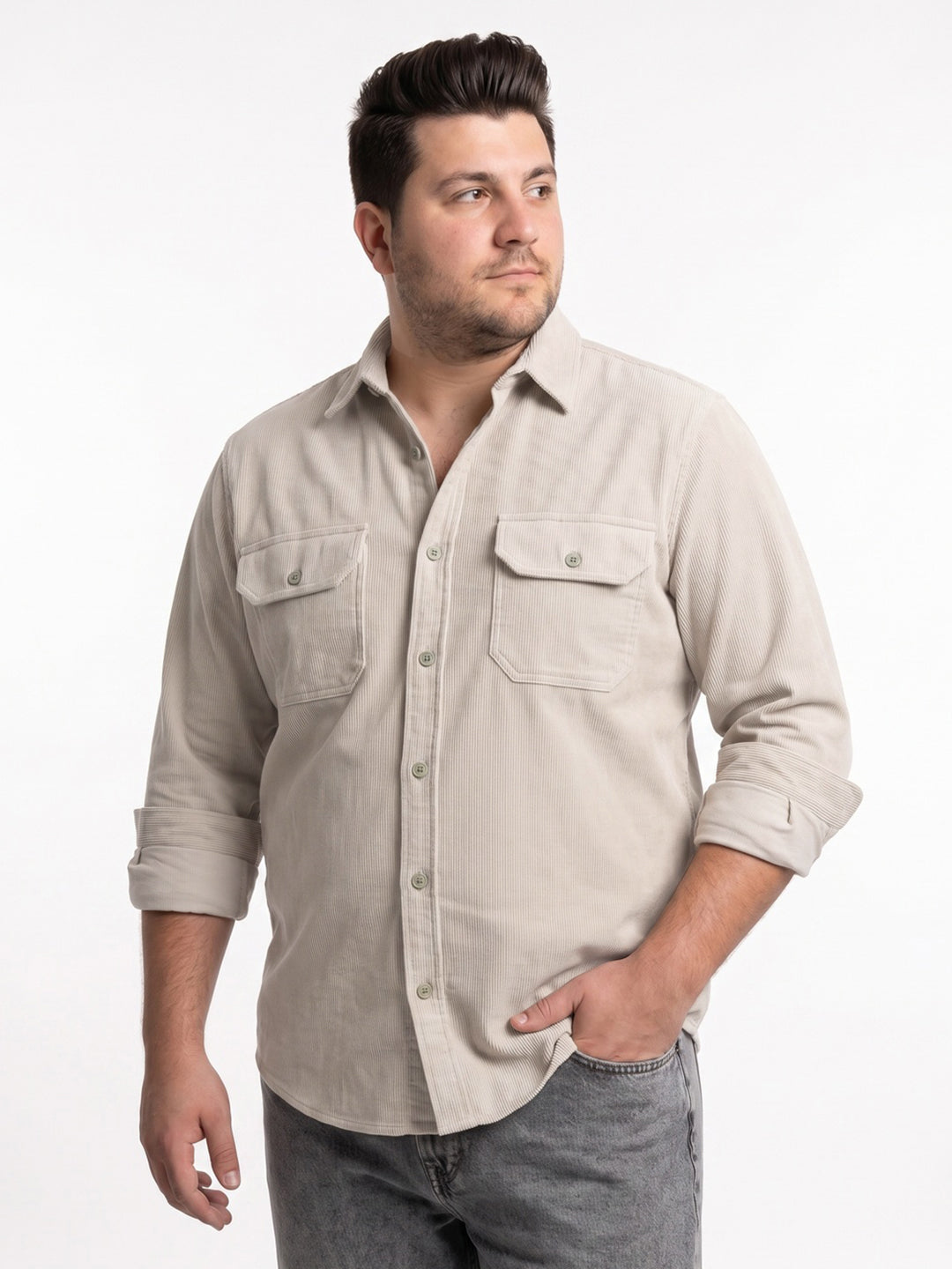 Plus Men's White Corduroy Full Sleeve Regular Fit Solid Overshirt with Utility Pockets
