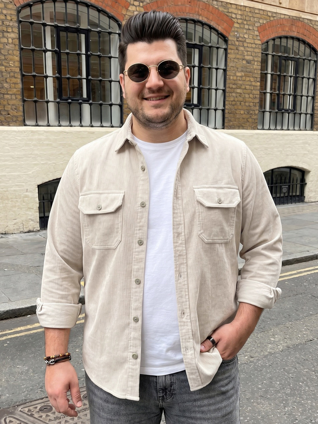 Plus Men's White Corduroy Full Sleeve Regular Fit Solid Overshirt with Utility Pockets