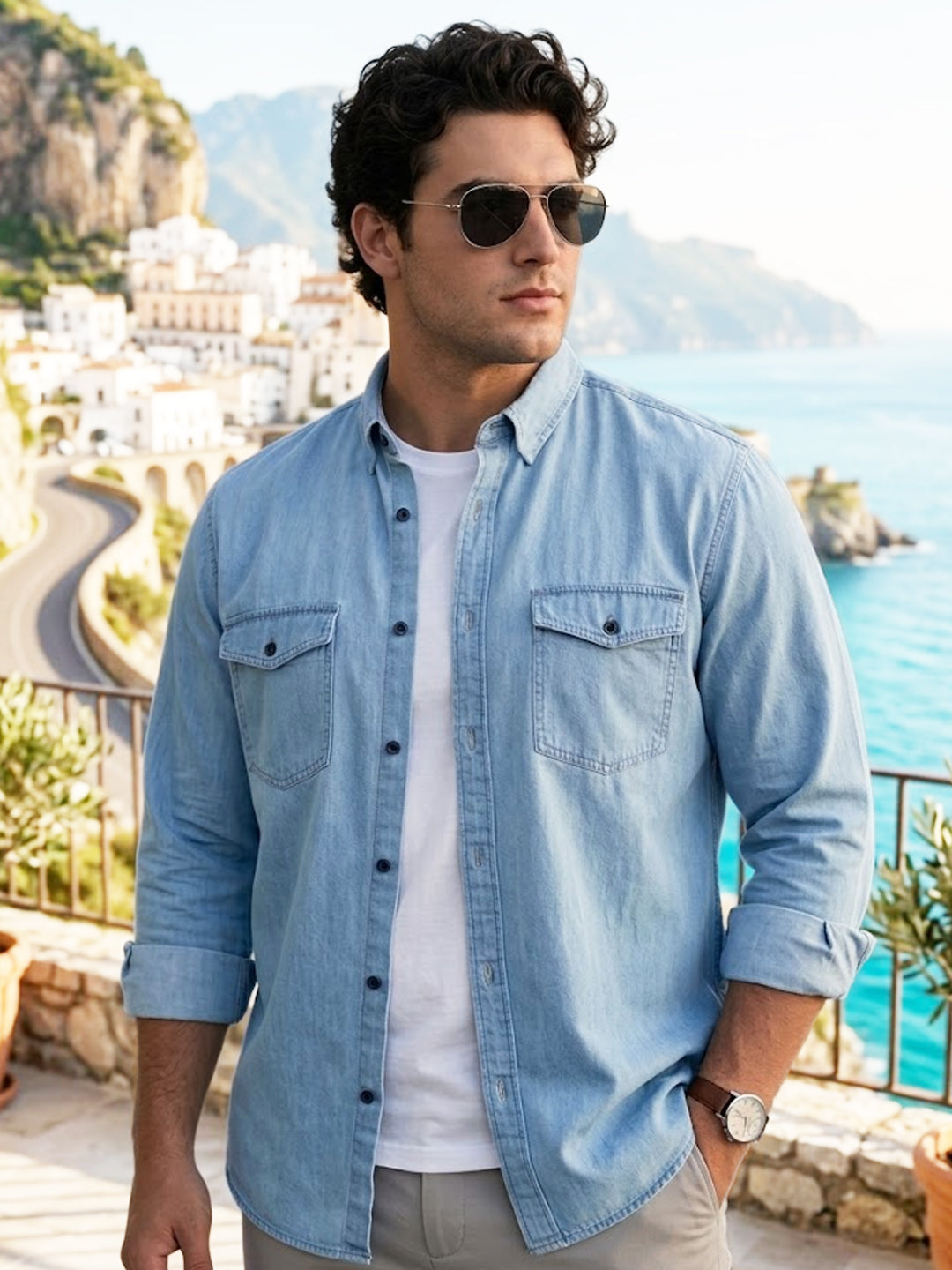 Plus Men's Ice Blue Full Sleeve Regular Fit Casual Denim Shirt