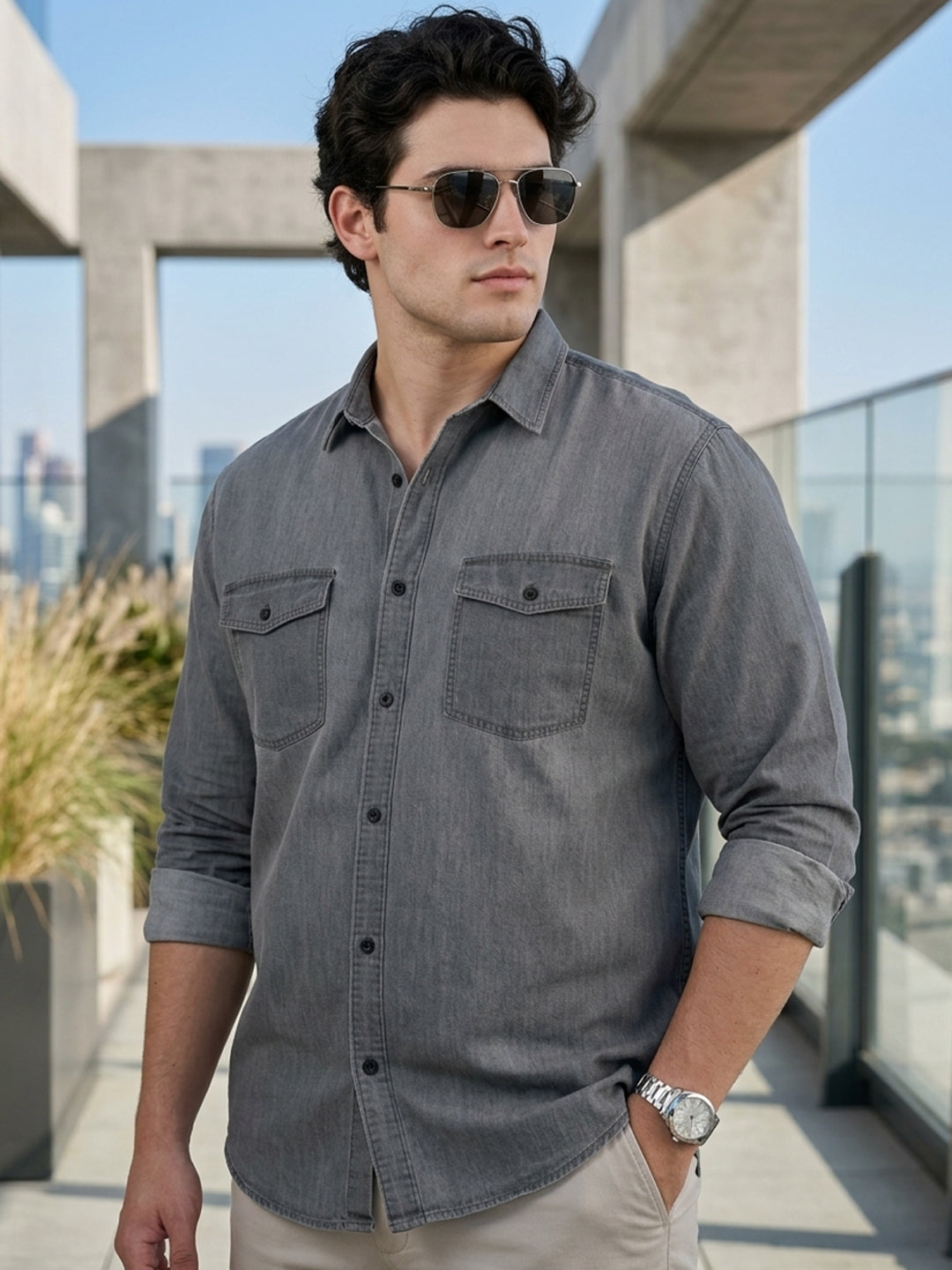 Plus Men's Ice Grey Full Sleeve Regular Fit Casual Denim Shirt