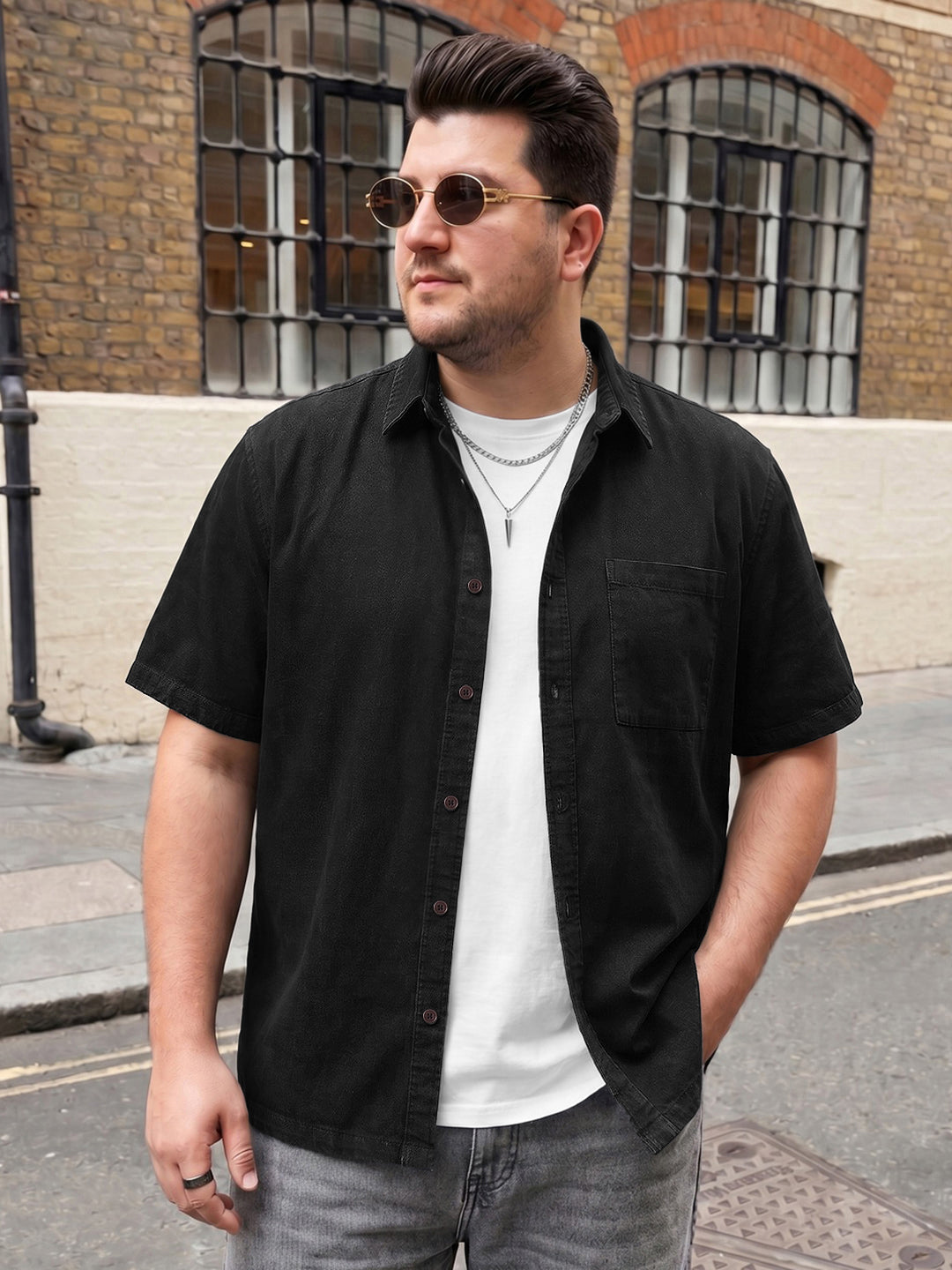 Plus Men's Black Oversized Fit Half Sleeve Solid Casual Denim Shirt