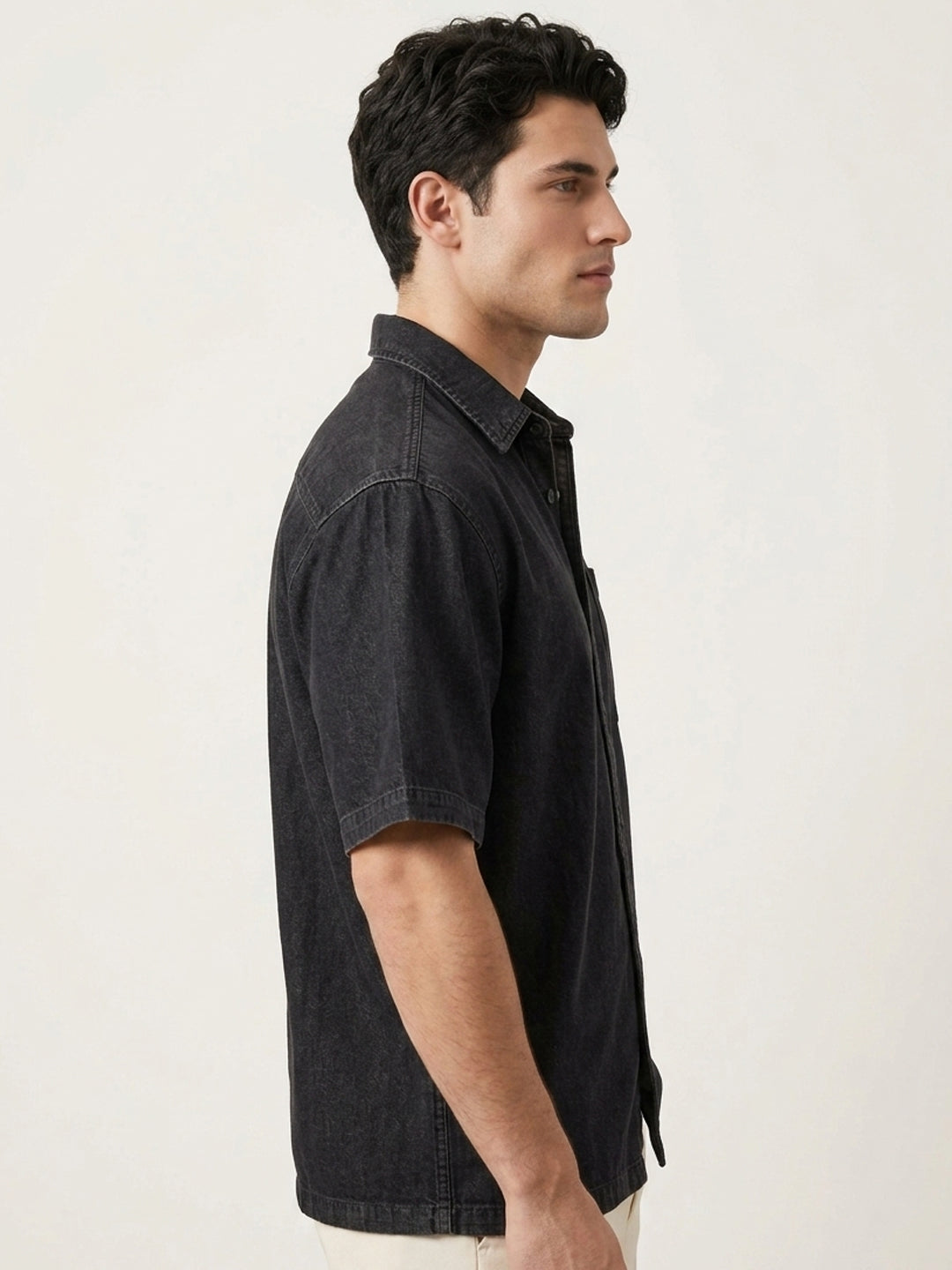 Plus Men's Black Oversized Fit Half Sleeve Solid Casual Denim Shirt