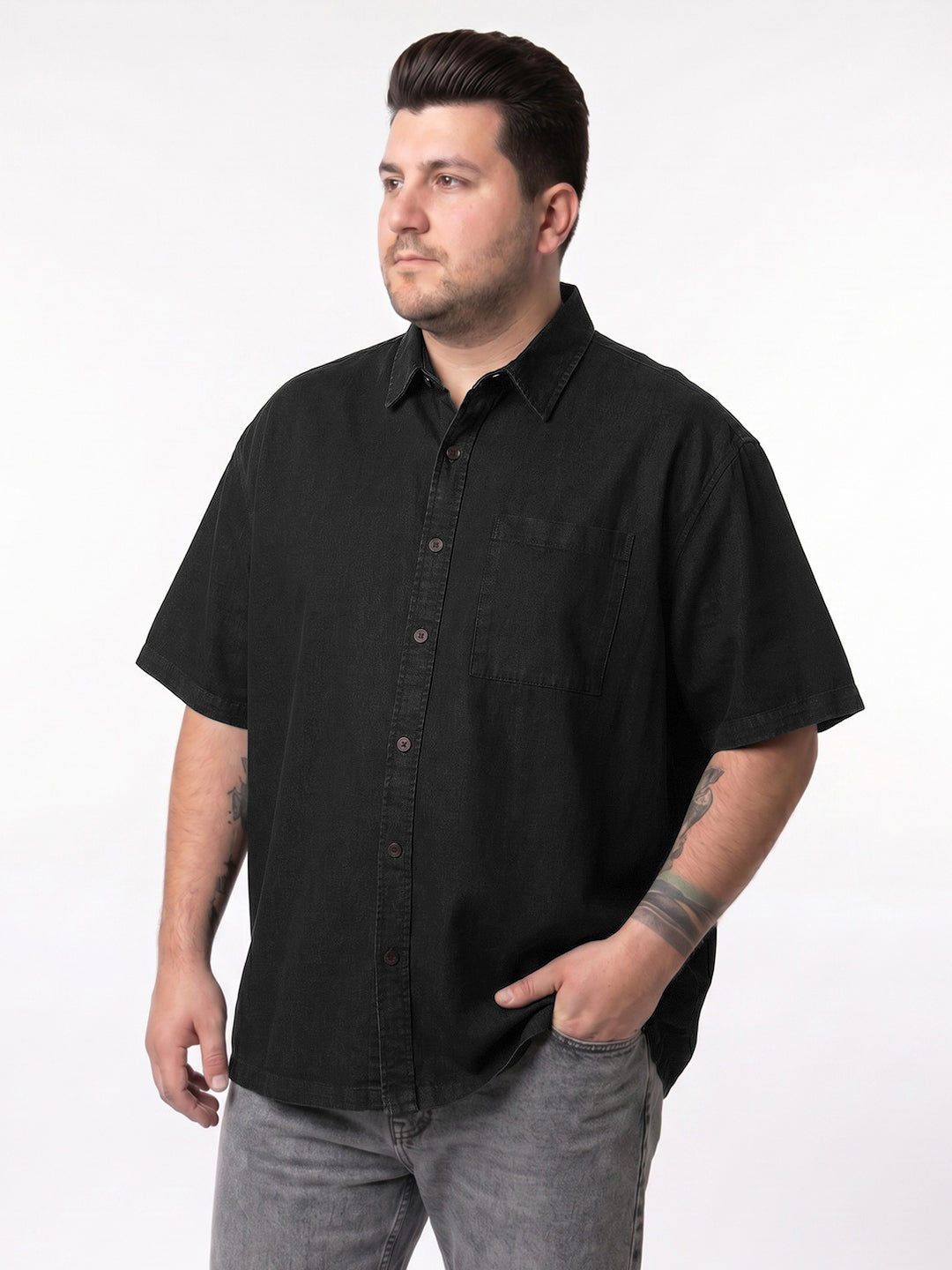 Plus Men's Black Oversized Fit Half Sleeve Solid Casual Denim Shirt