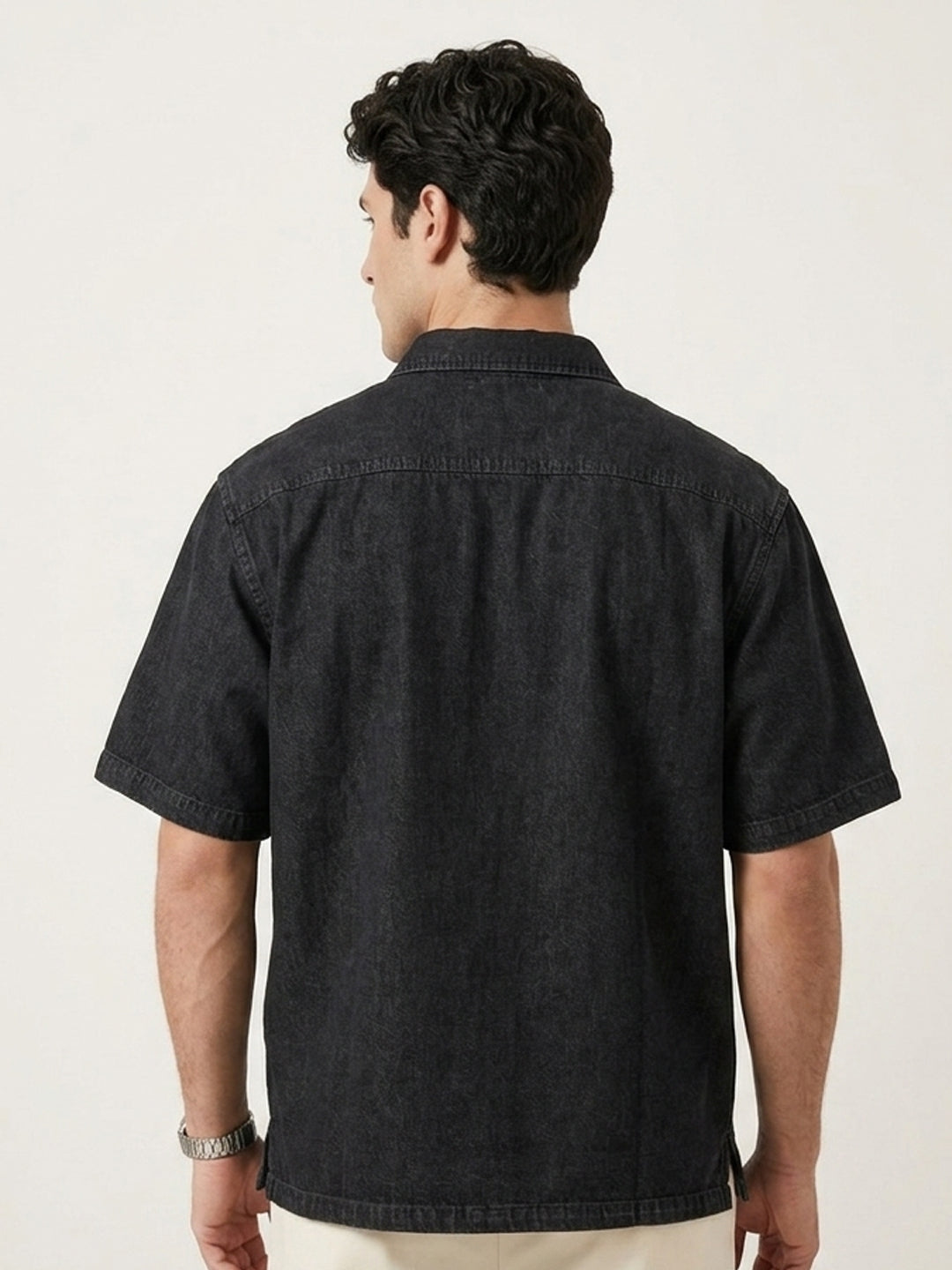 Plus Men's Black Oversized Fit Half Sleeve Solid Casual Denim Shirt