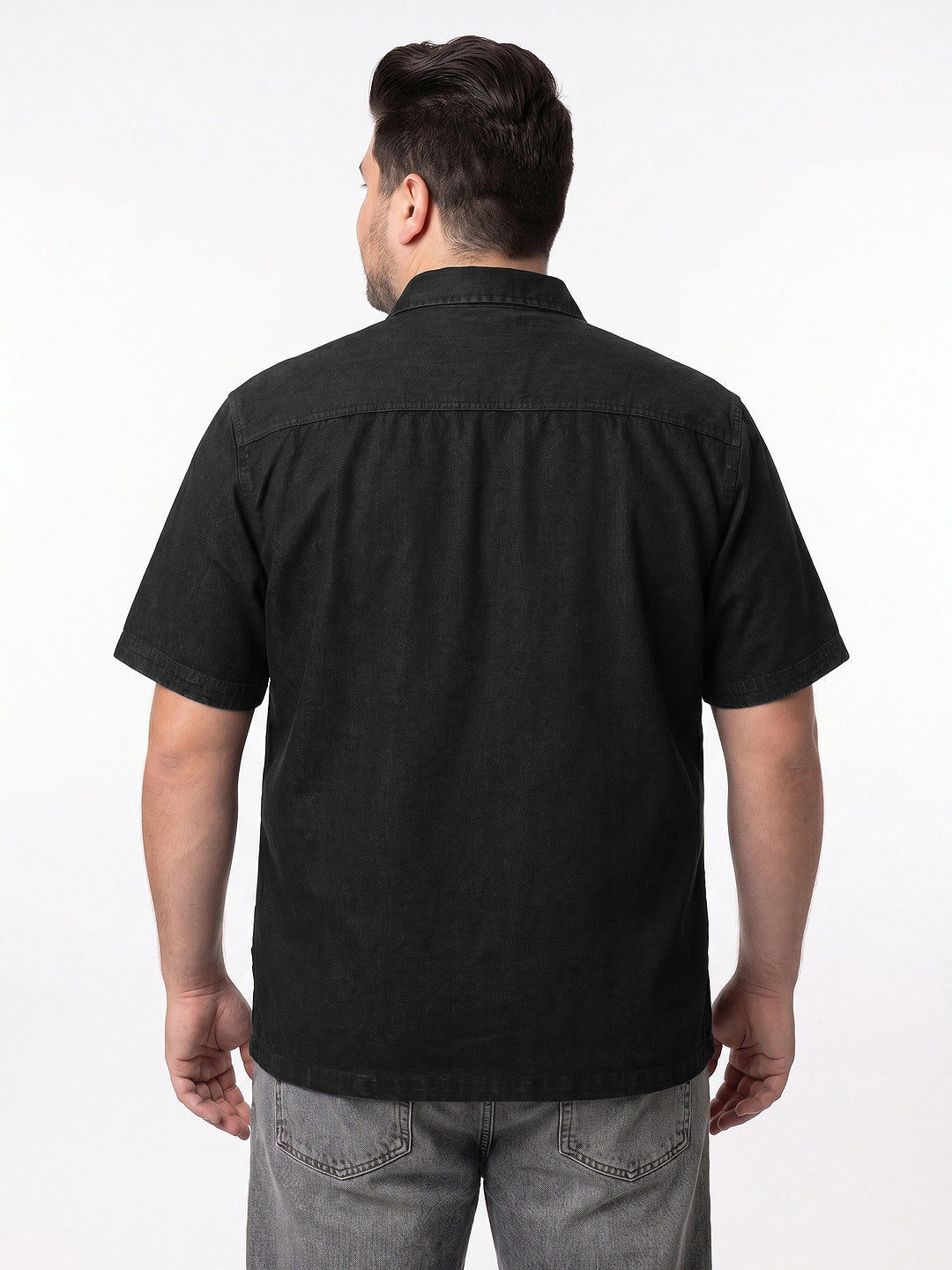 Plus Men's Black Oversized Fit Half Sleeve Solid Casual Denim Shirt