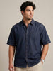 Plus Men's Dark Blue Oversized Fit Half Sleeve Solid Casual Denim Shirt