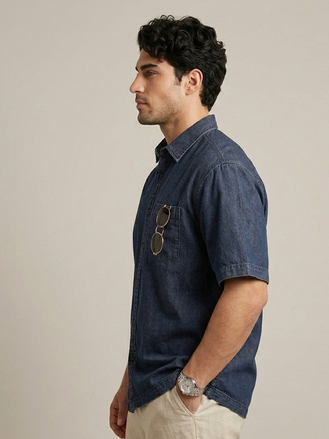 Plus Men's Dark Blue Oversized Fit Half Sleeve Solid Casual Denim Shirt