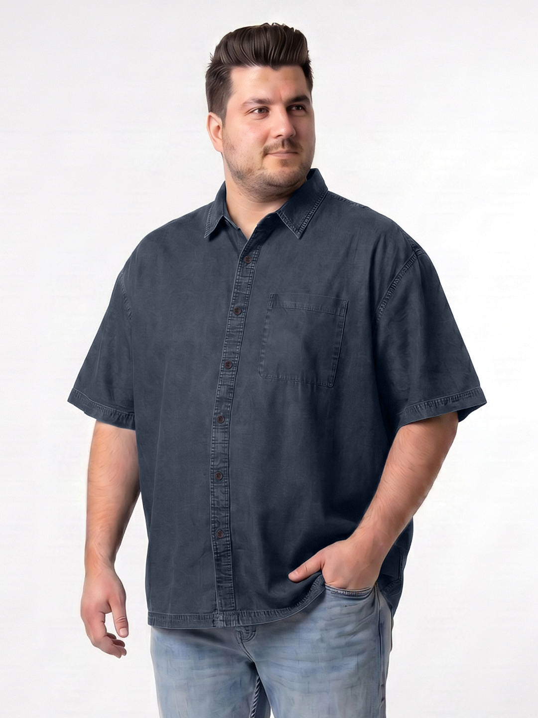 Plus Men's Dark Blue Oversized Fit Half Sleeve Solid Casual Denim Shirt