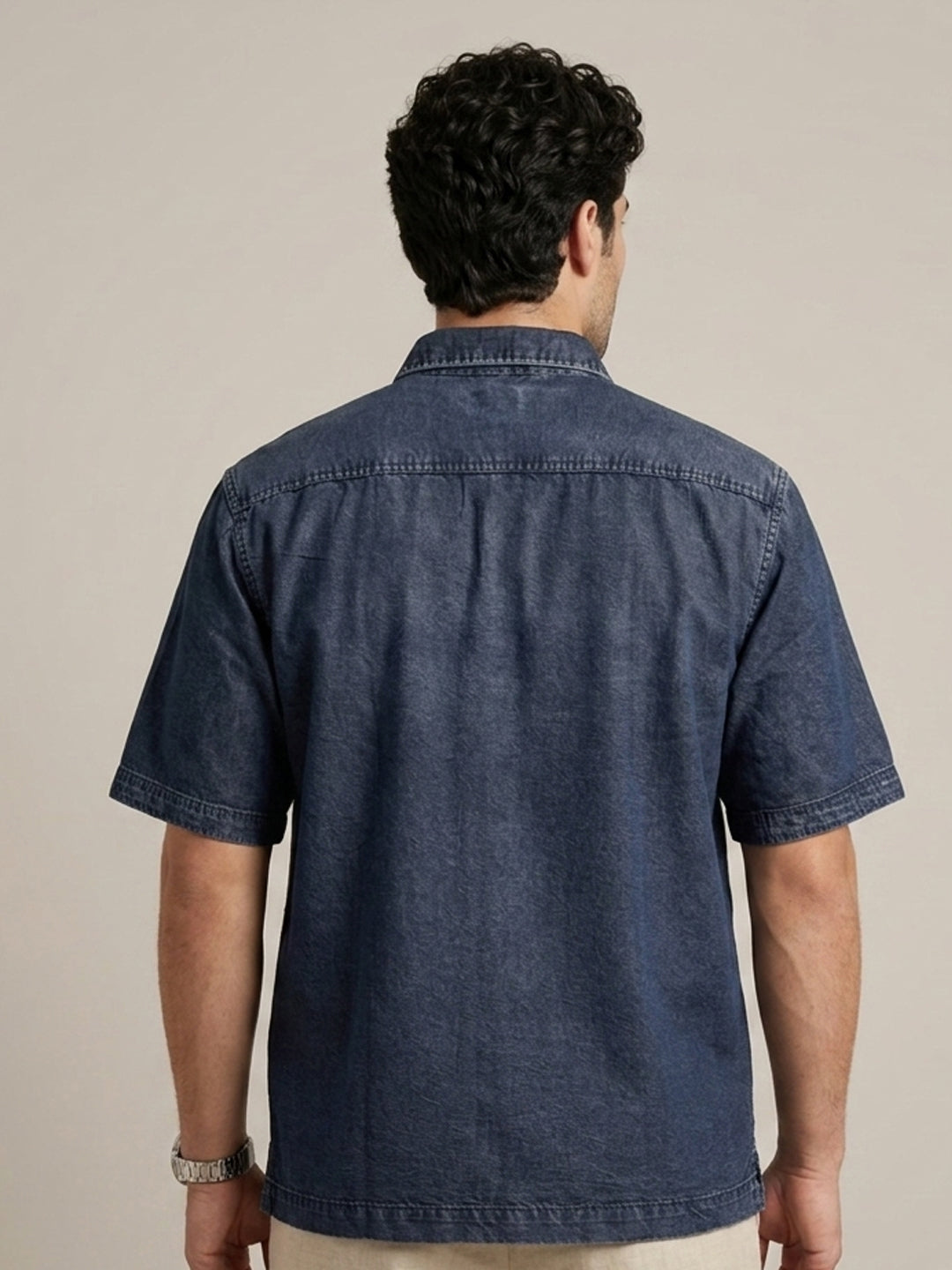 Plus Men's Dark Blue Oversized Fit Half Sleeve Solid Casual Denim Shirt