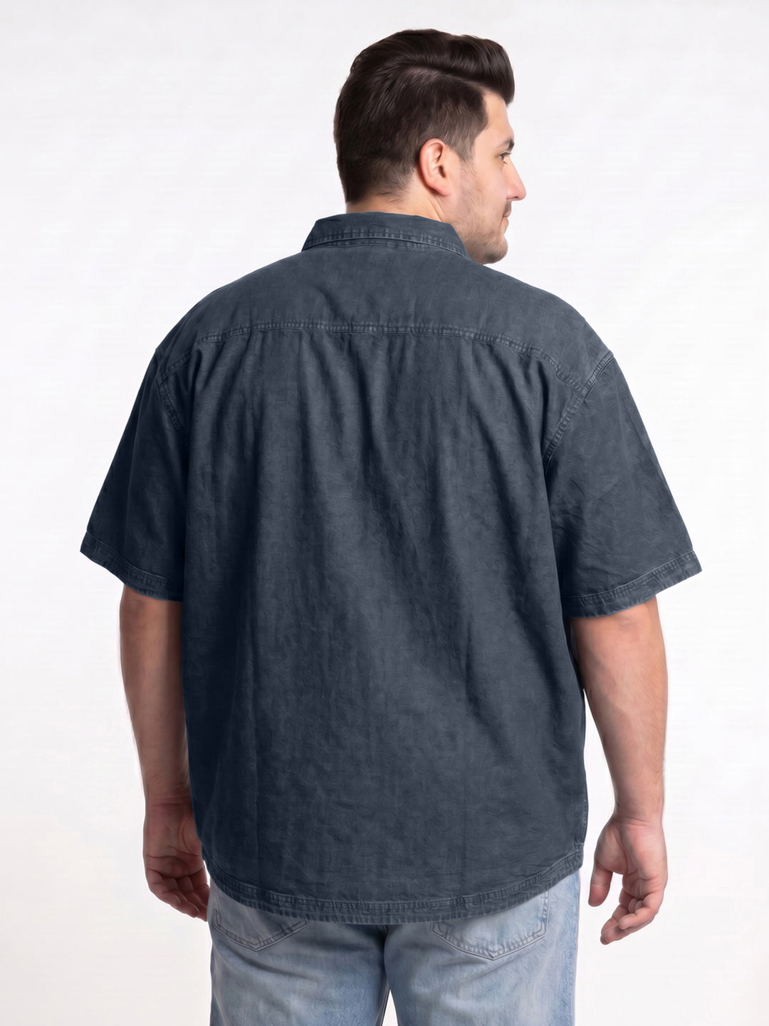 Plus Men's Dark Blue Oversized Fit Half Sleeve Solid Casual Denim Shirt