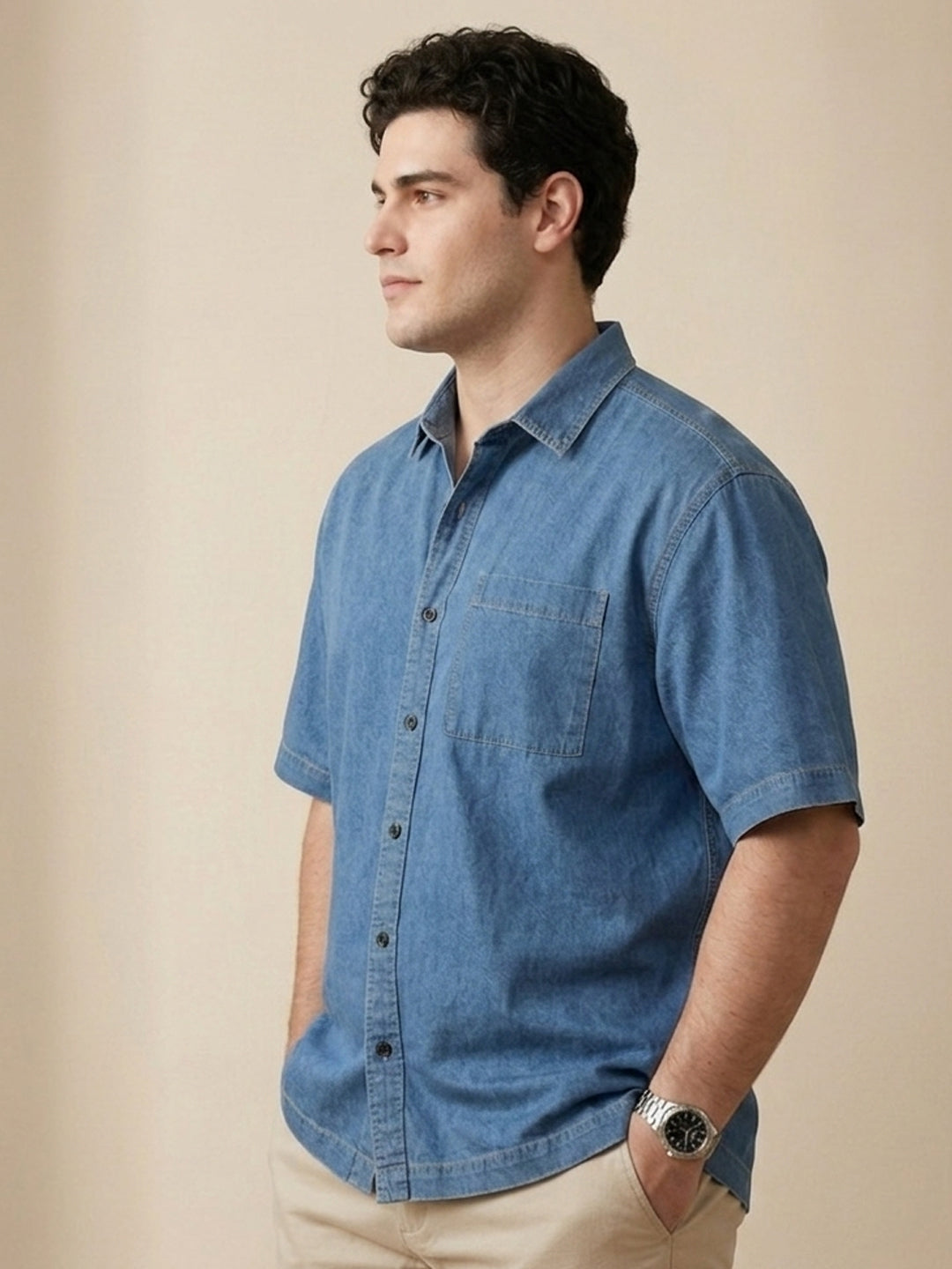 Plus Men's Light Blue Oversized Fit Half Sleeve Solid Casual Denim Shirt