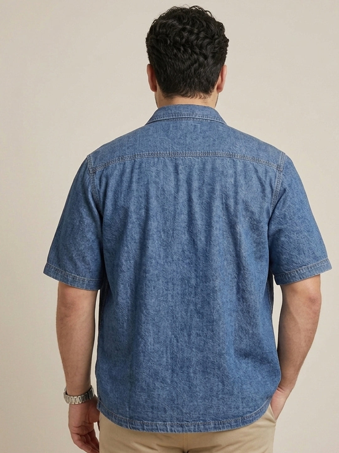 Plus Men's Blue Oversized Fit Half Sleeve Solid Casual Denim Shirt
