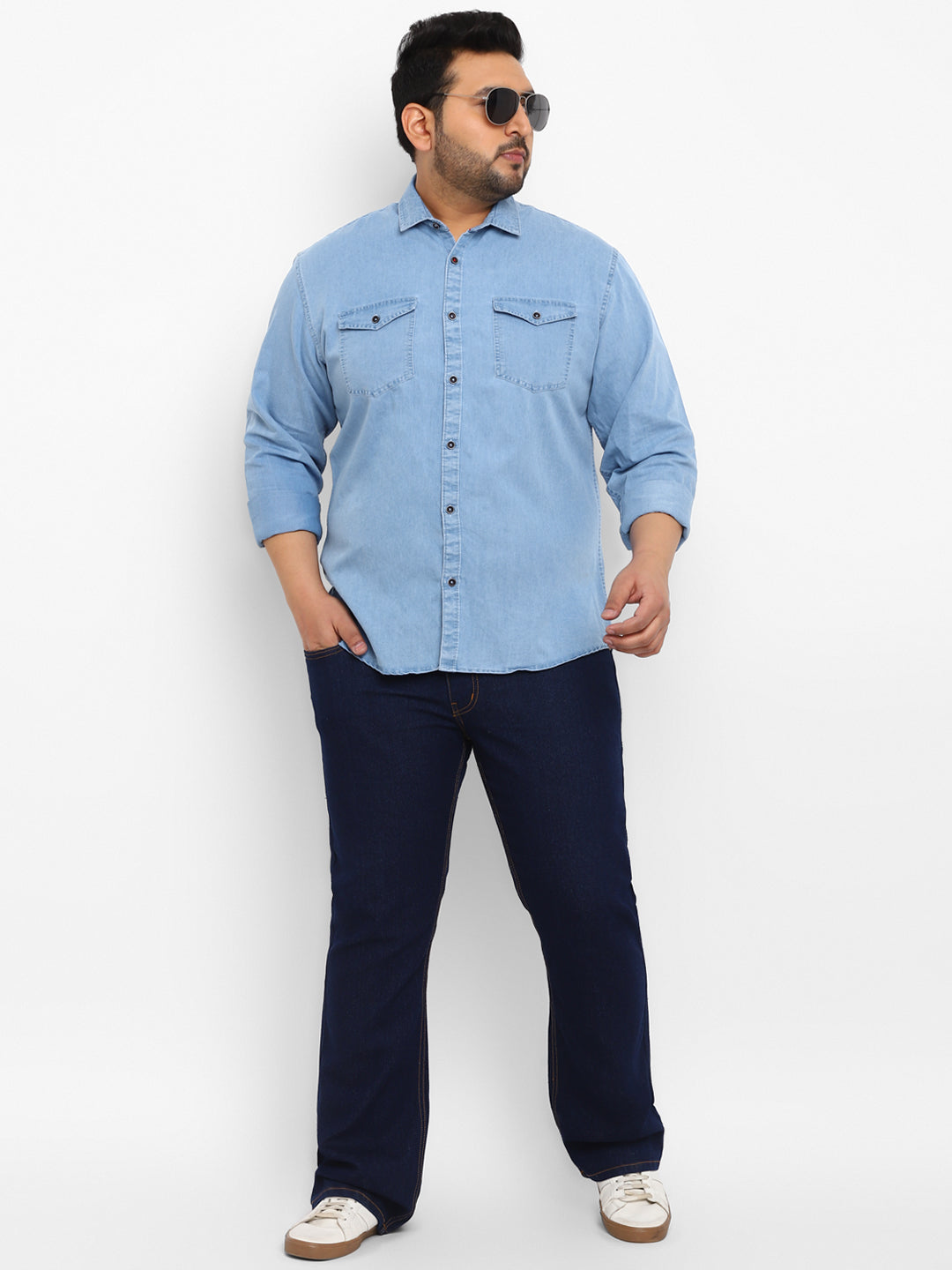 Plus Men's Light Blue Full Sleeve Regular Fit Casual Denim Shirt