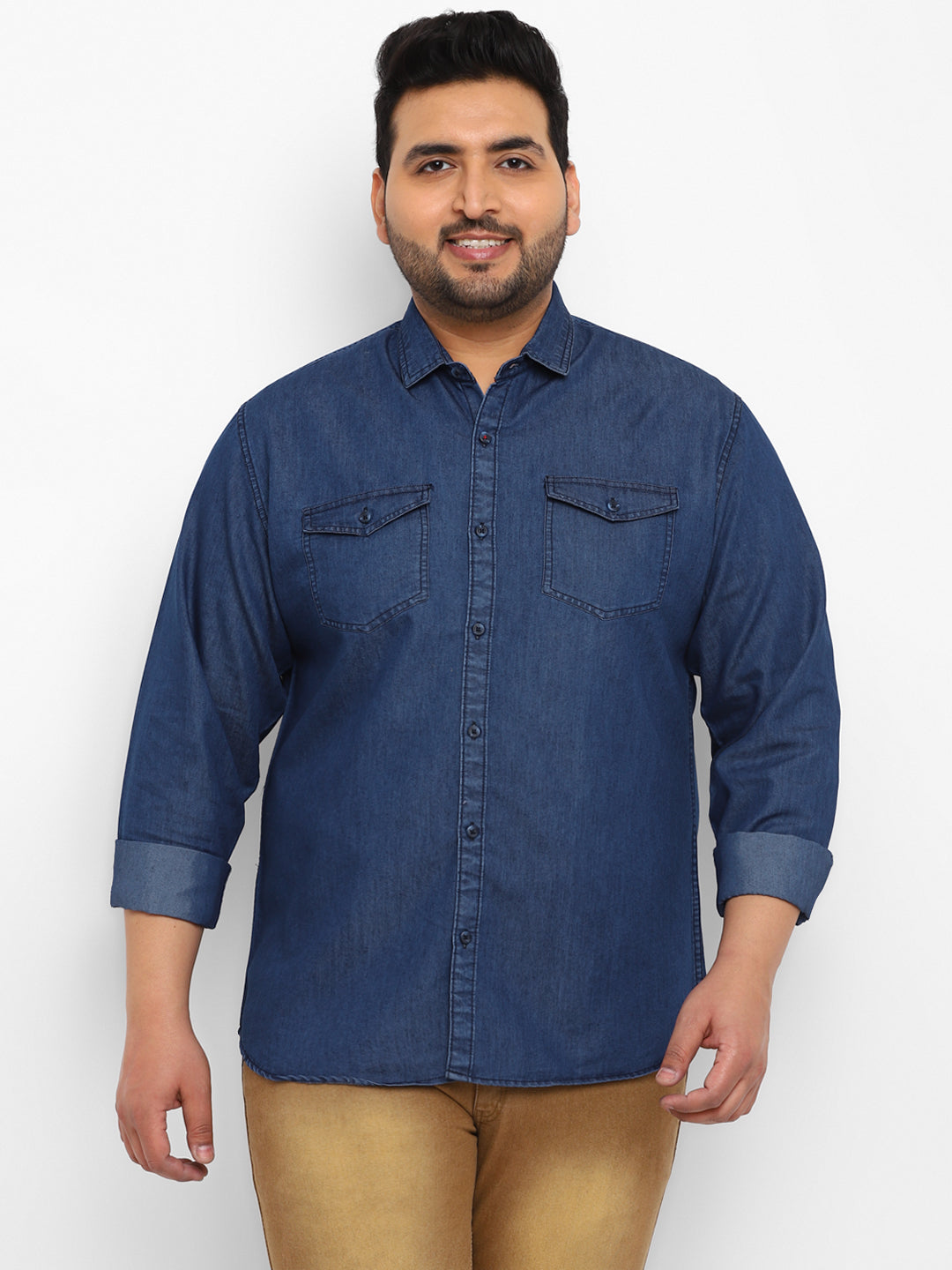 Plus Men's Navy Blue Full Sleeve Regular Fit Casual Denim Shirt