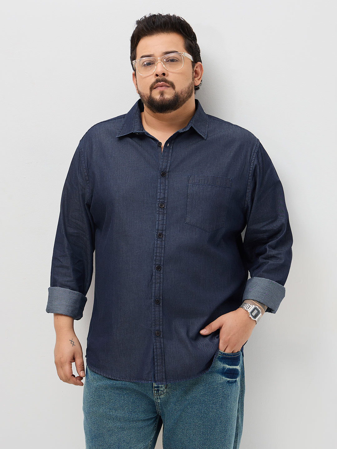 Plus Men's Dark Blue Regular Fit Full Sleeve Solid Denim Shirt