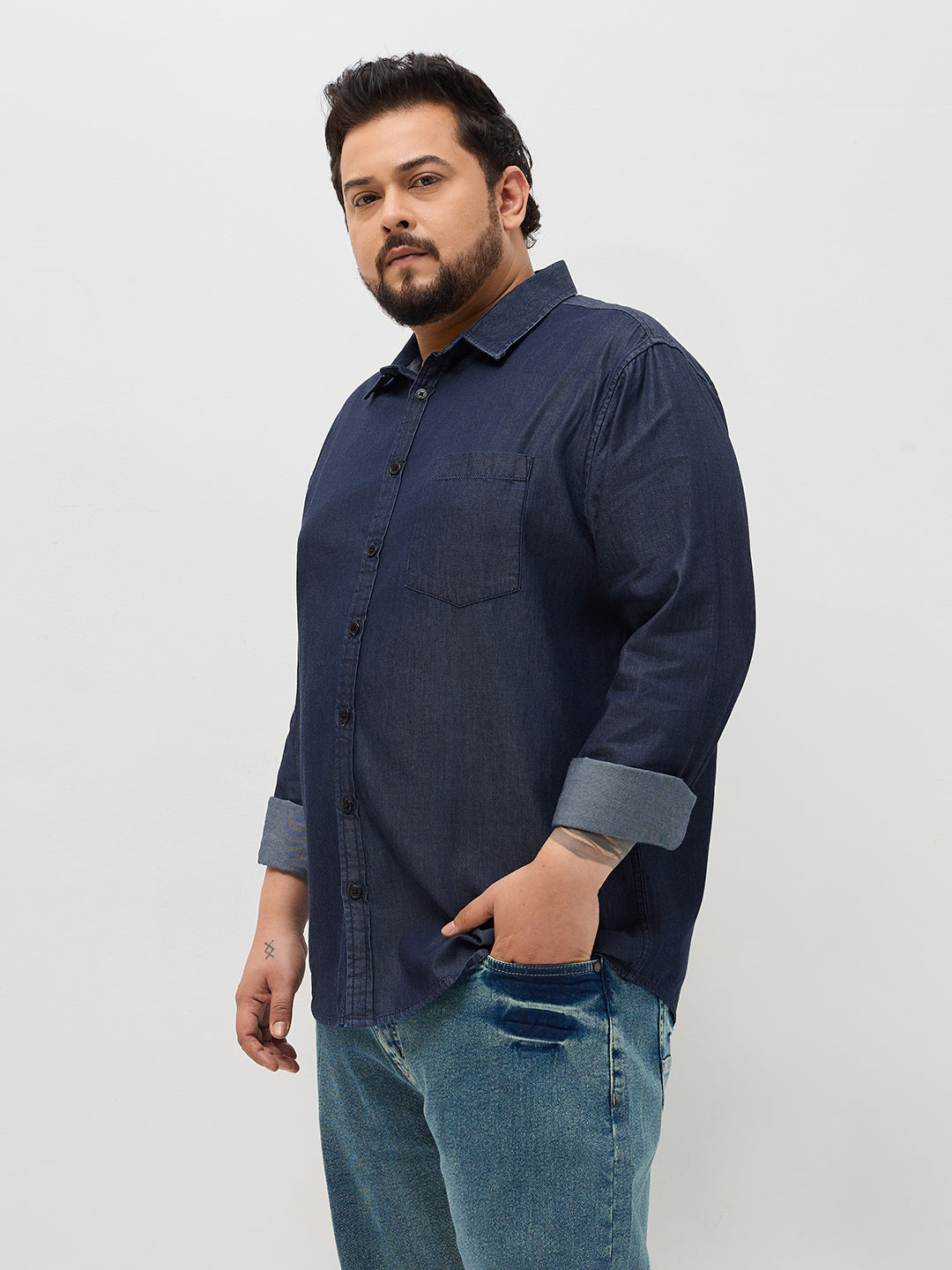 Plus Men's Dark Blue Regular Fit Full Sleeve Solid Denim Shirt