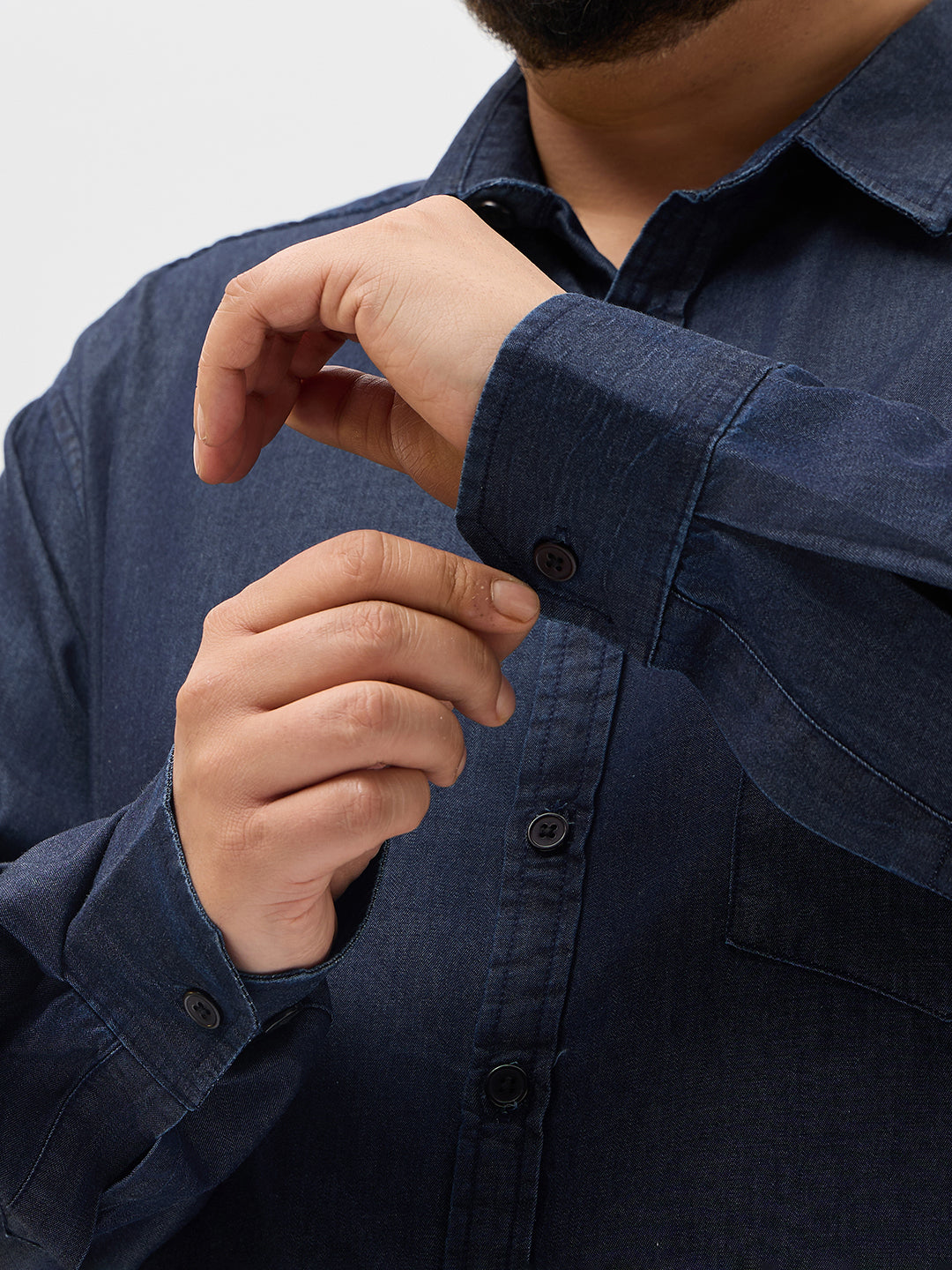 Plus Men's Dark Blue Regular Fit Full Sleeve Solid Denim Shirt